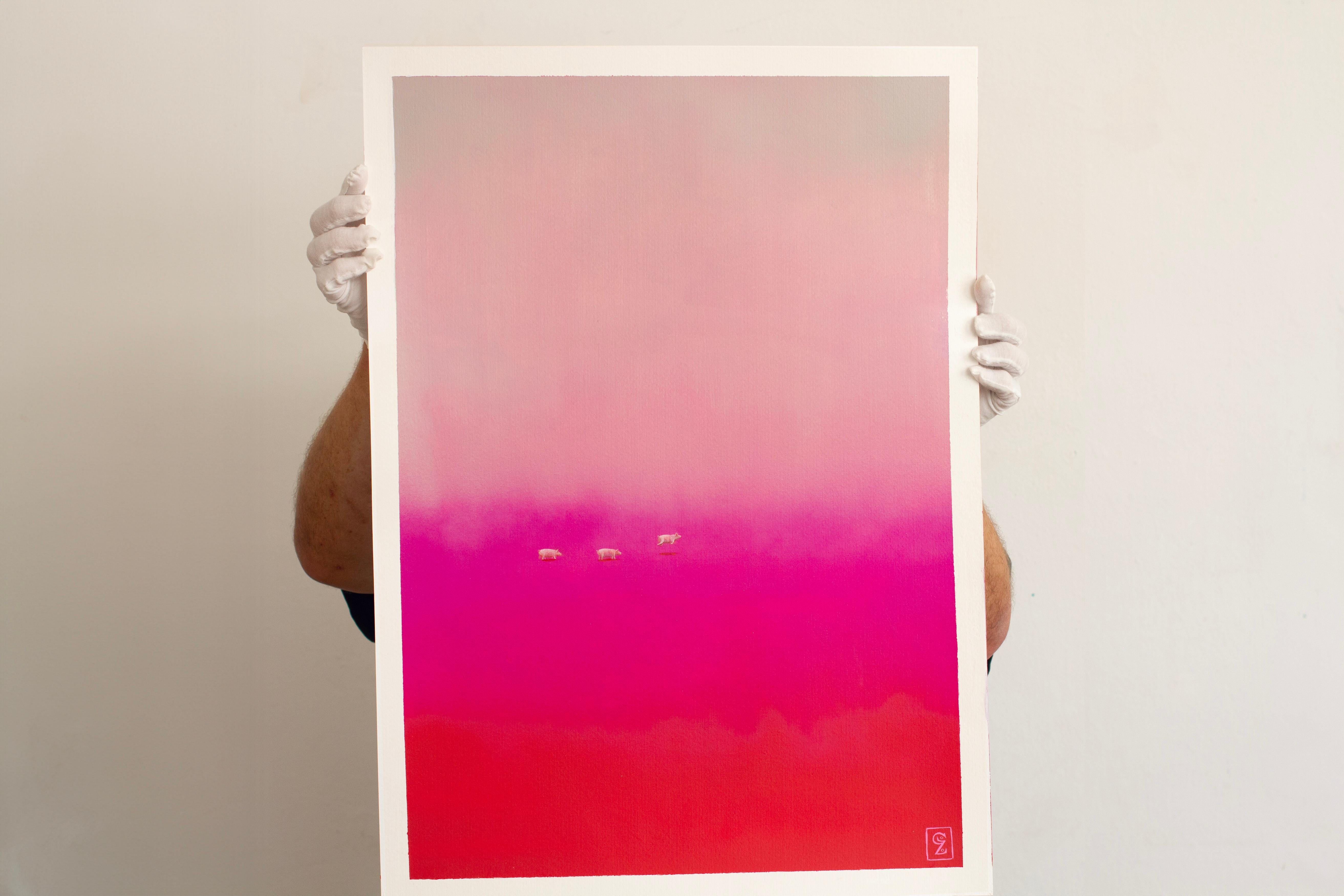 Surreal Serenity: Three Pigs in Dreamy Pink Landscape, One Taking Flight - Painting by Gozo