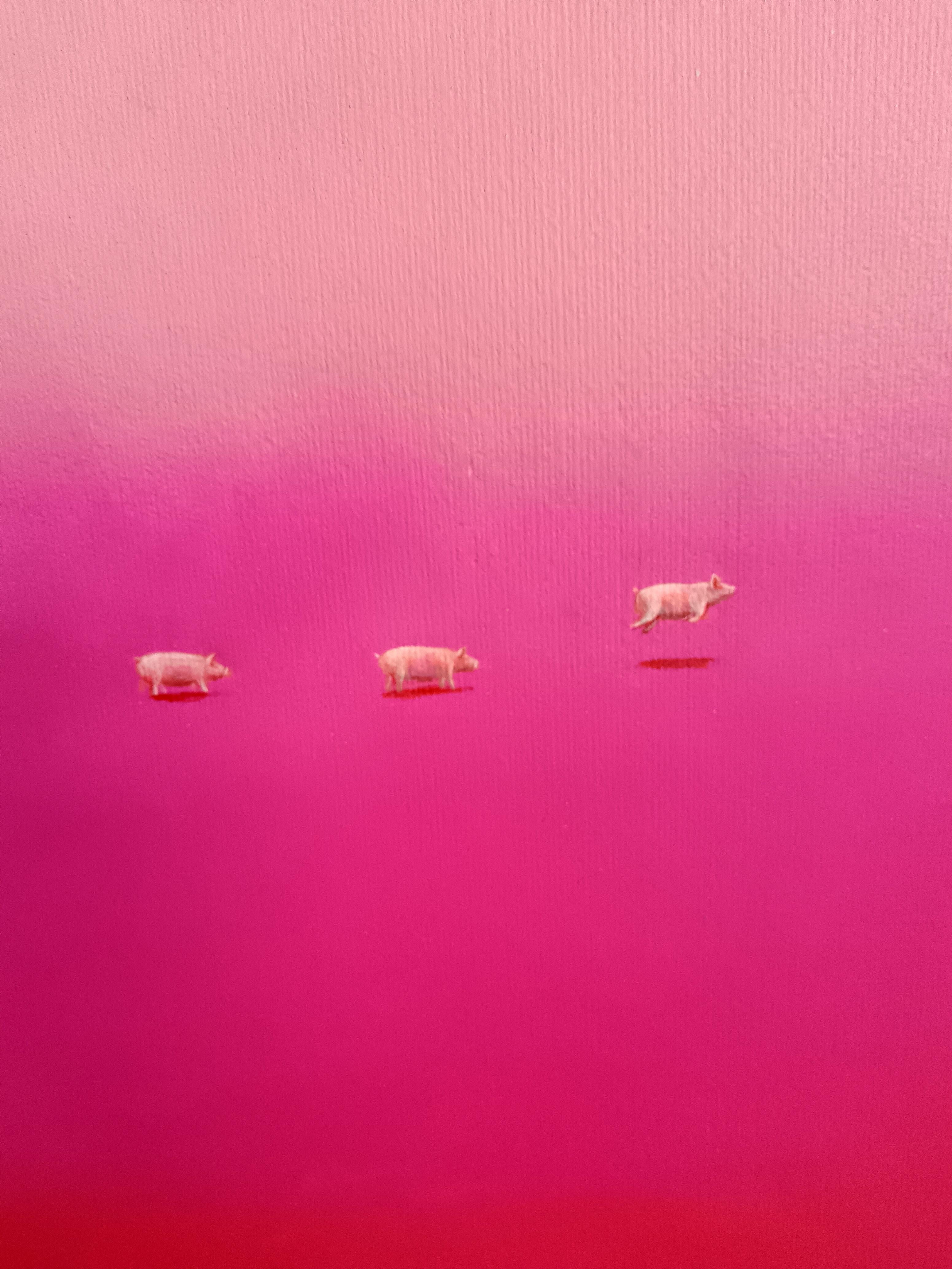 Surreal Serenity: Three Pigs in Dreamy Pink Landscape, One Taking Flight - Contemporary Painting by Gozo