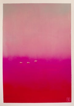 Surreal Serenity: Three Pigs in Dreamy Pink Landscape, One Taking Flight