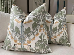 GP & J Baker “Birds & Cherries” in Aqua 22” Down-Filled Pillows - a Pair