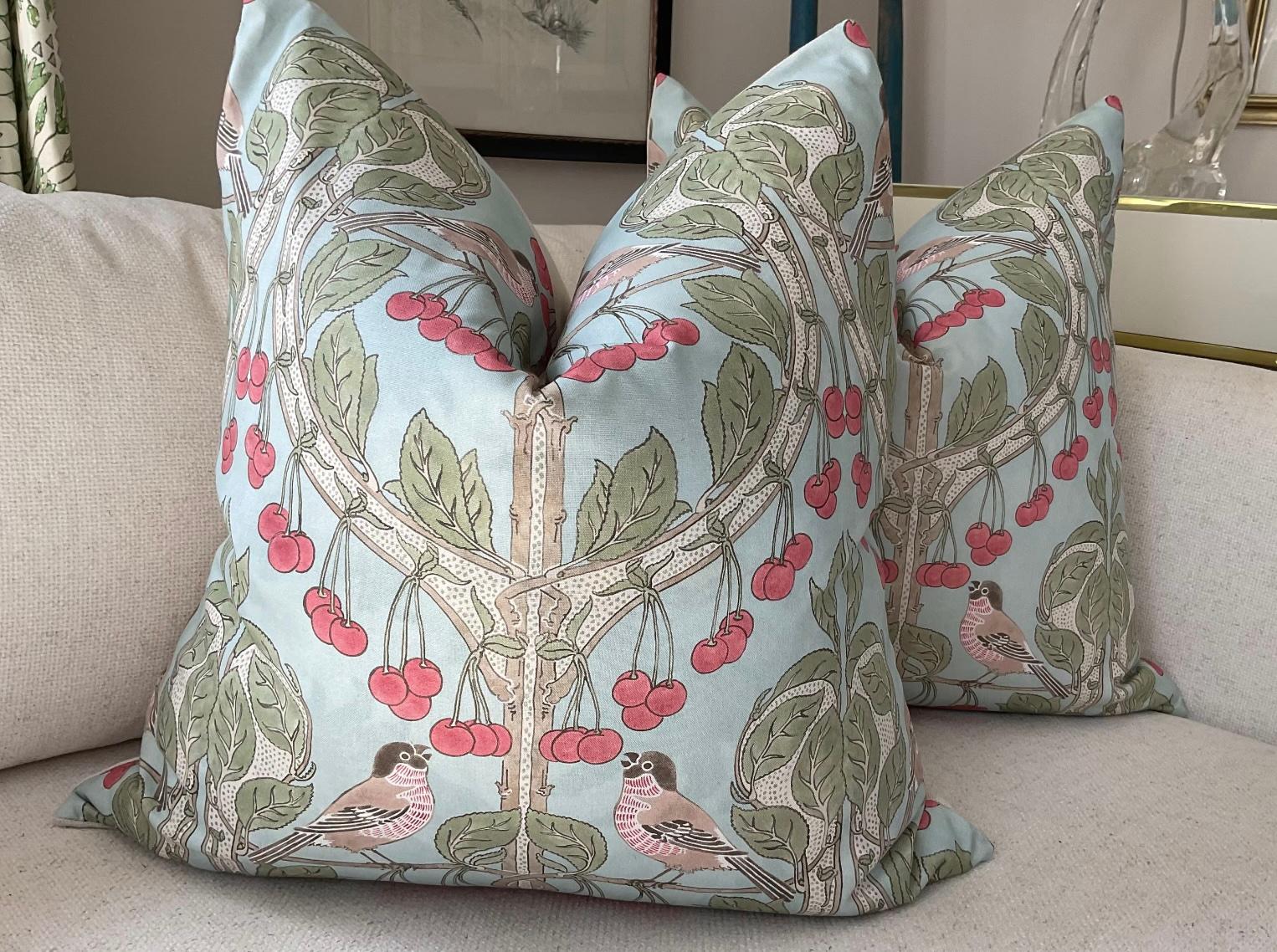 American GP & J Baker “Birds & Cherries” in Soft Blue 22” Down-Filled Pillows - a Pair For Sale