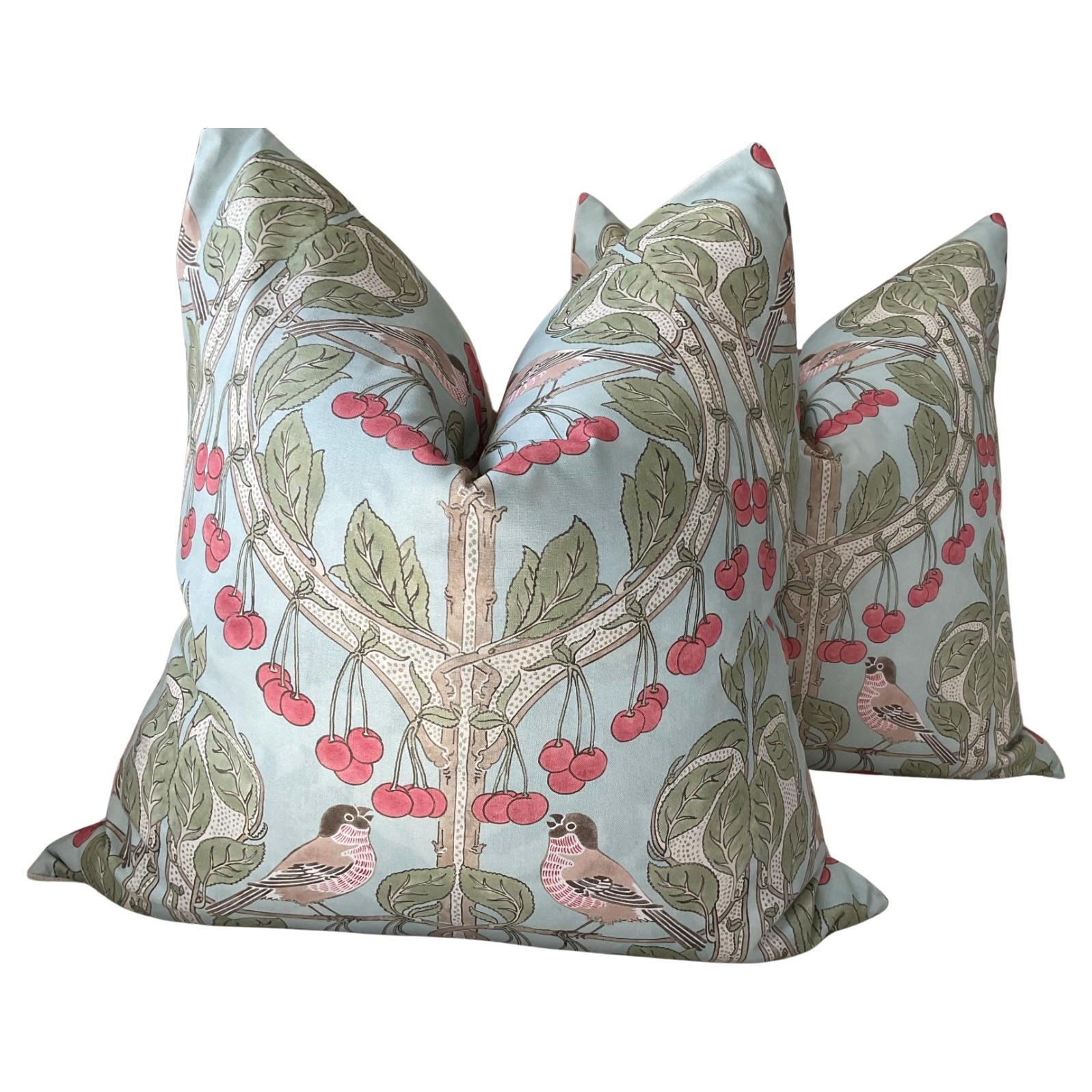 GP & J Baker “Birds & Cherries” in Soft Blue 22” Down-Filled Pillows - a Pair For Sale