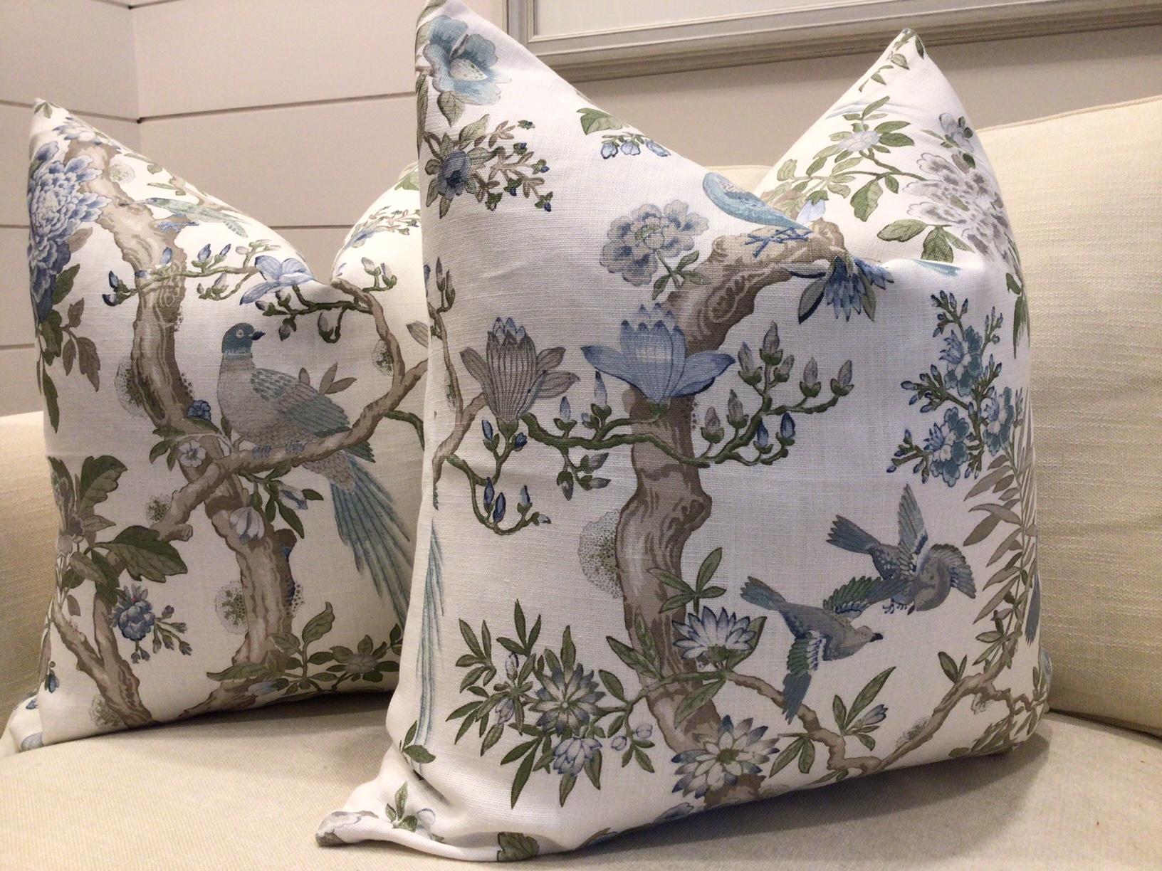 From Gp and J Baker “Eltham” is a gorgeous floral on a white background. One of my faves. Covers feature swirls of soft blue and green and taupe with a lovely botanical print with birds throughout.

Your covers will come with a coordinating soft