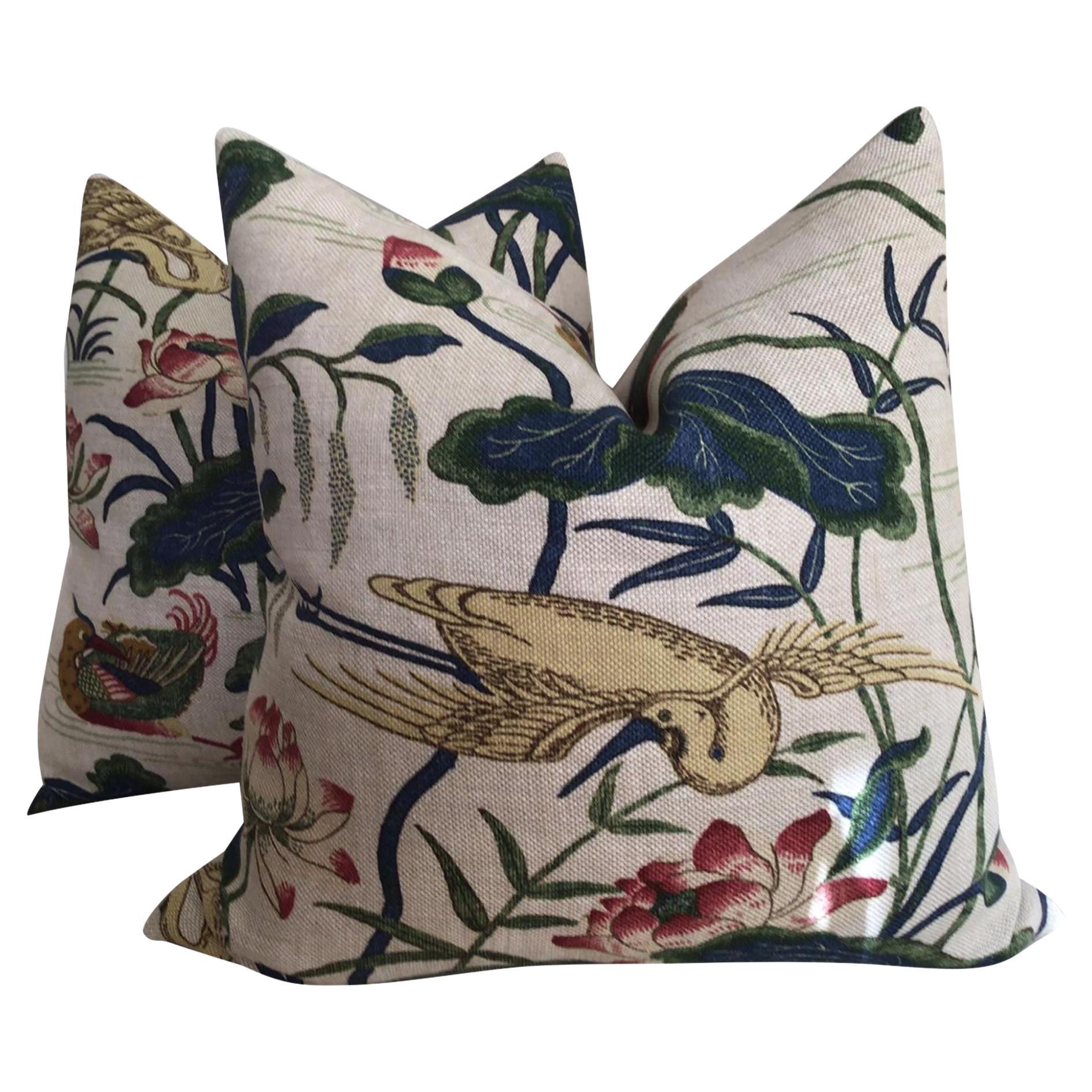 G.P. And J. Baker "Heron and Lotus Flower" in Indigo and Pink Pillows- a Pair For Sale