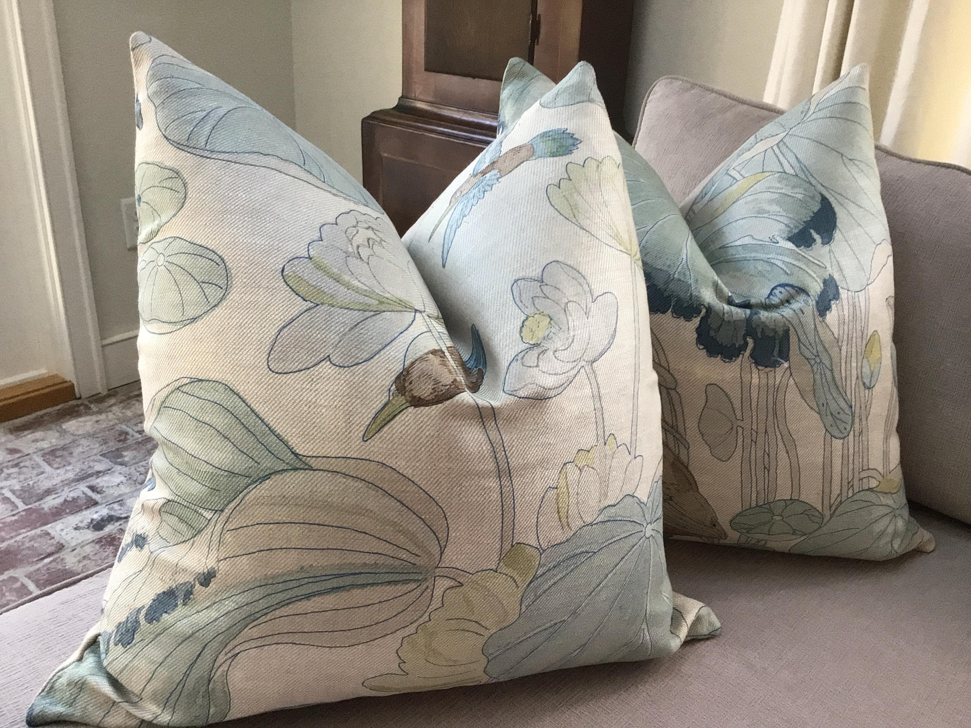 From inimitable design house,GP and J Baker, comes one of their most iconic prints . “Nympheus” in Frost and sea is a large scale twill with Muted shades of blue, teal, gray and celadon on an ivory background .This fabric is heavier than their linen