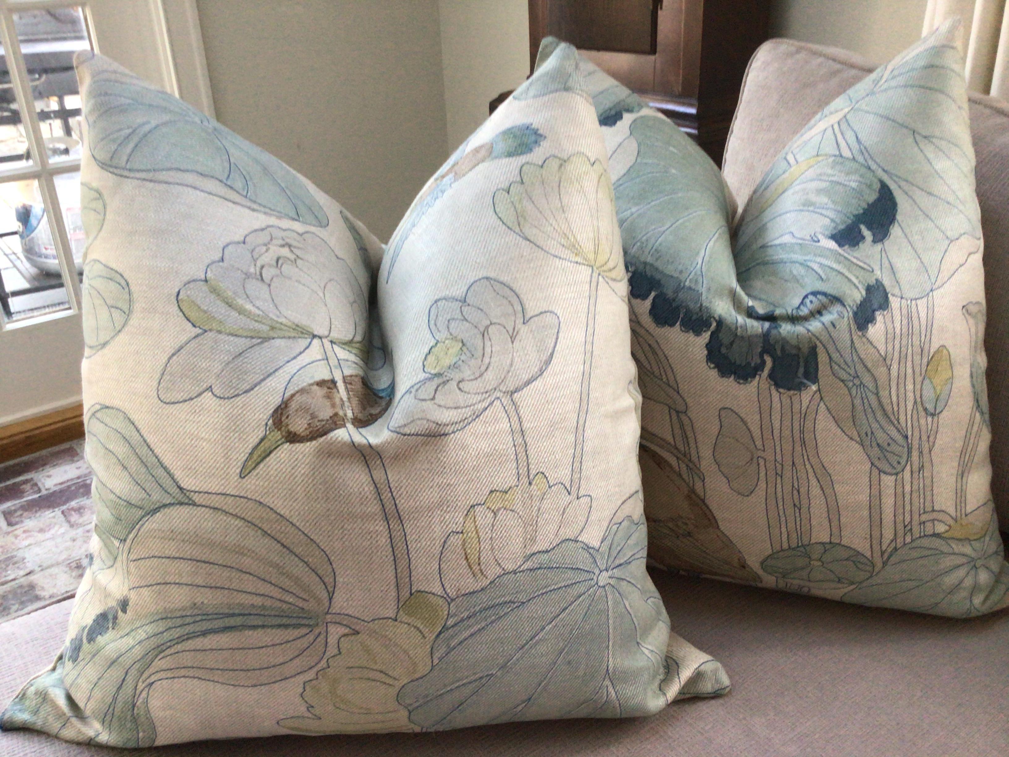 Contemporary G.P and J Baker Nympheus in Frost and Sea Down Filled Pillows - a Pair For Sale