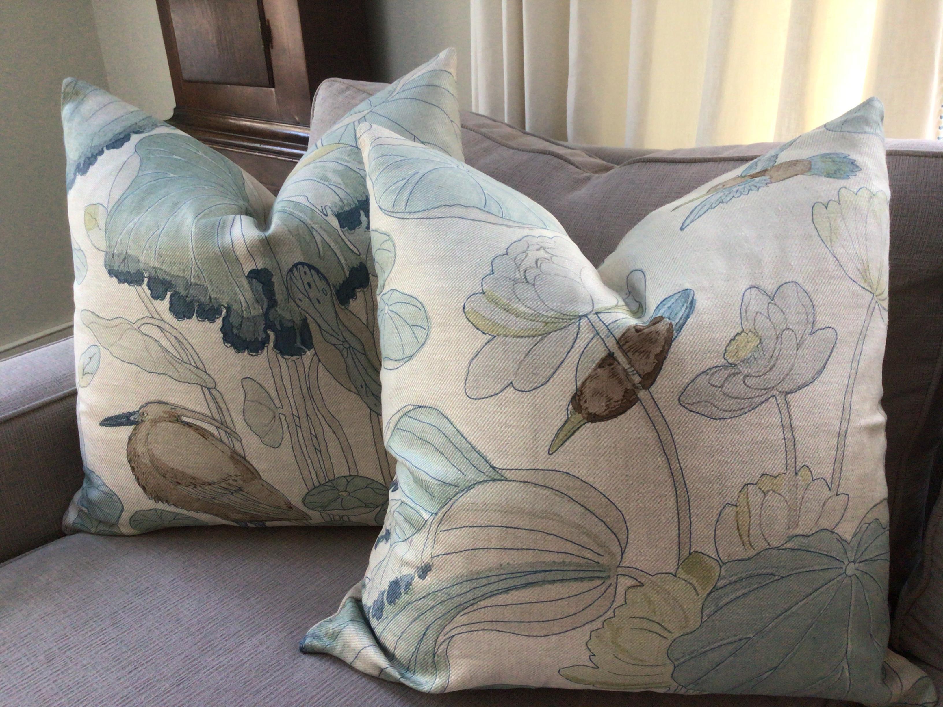 Textile G.P and J Baker Nympheus in Frost and Sea Down Filled Pillows - a Pair For Sale
