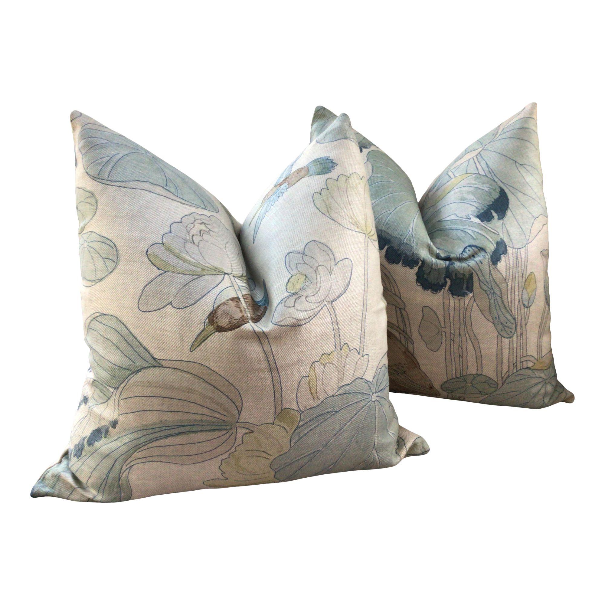 G.P and J Baker Nympheus in Frost and Sea Down Filled Pillows - a Pair For Sale