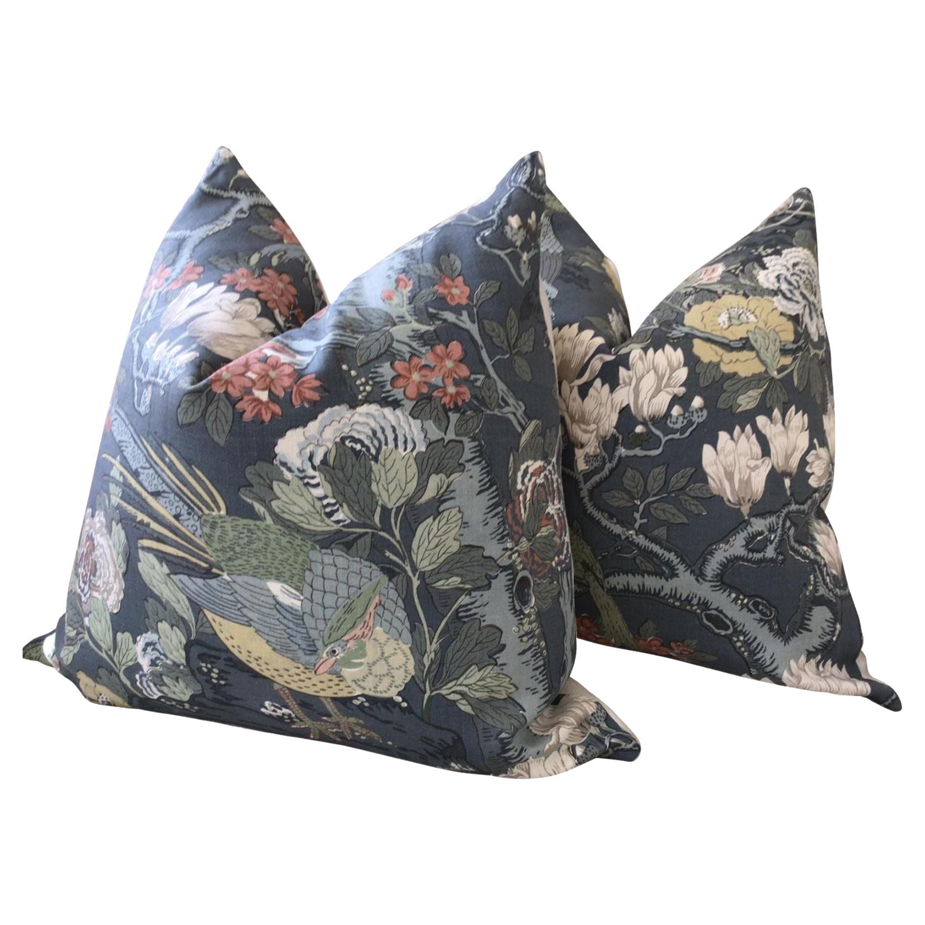 g.p. And J. Baker "Rockbird" in Teal Pillows- a Pair For Sale