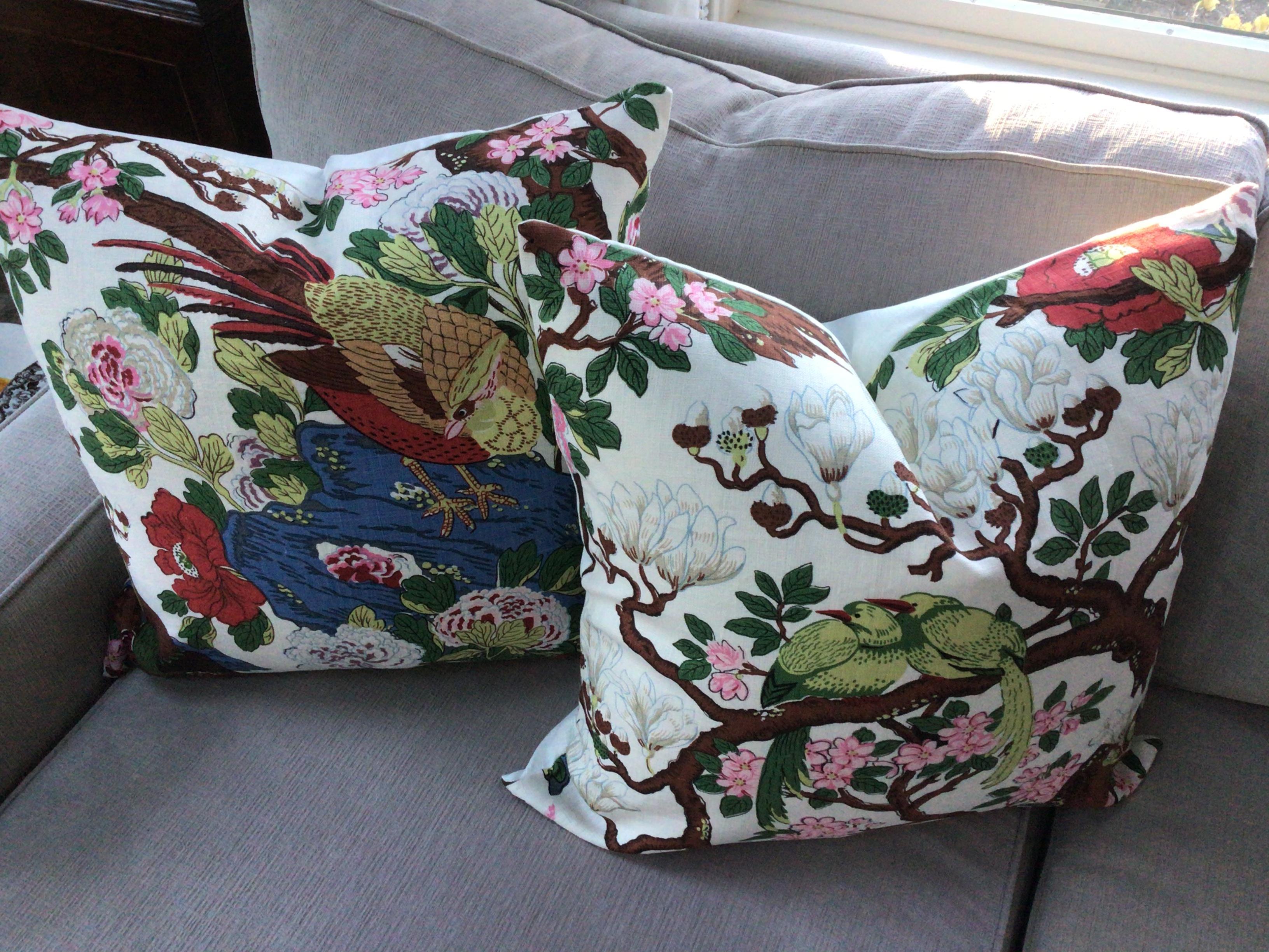 G.P. And J. Baker “Rockbird” Multi on White of 22” Down Filled Pillows - a Pair In New Condition For Sale In Winder, GA