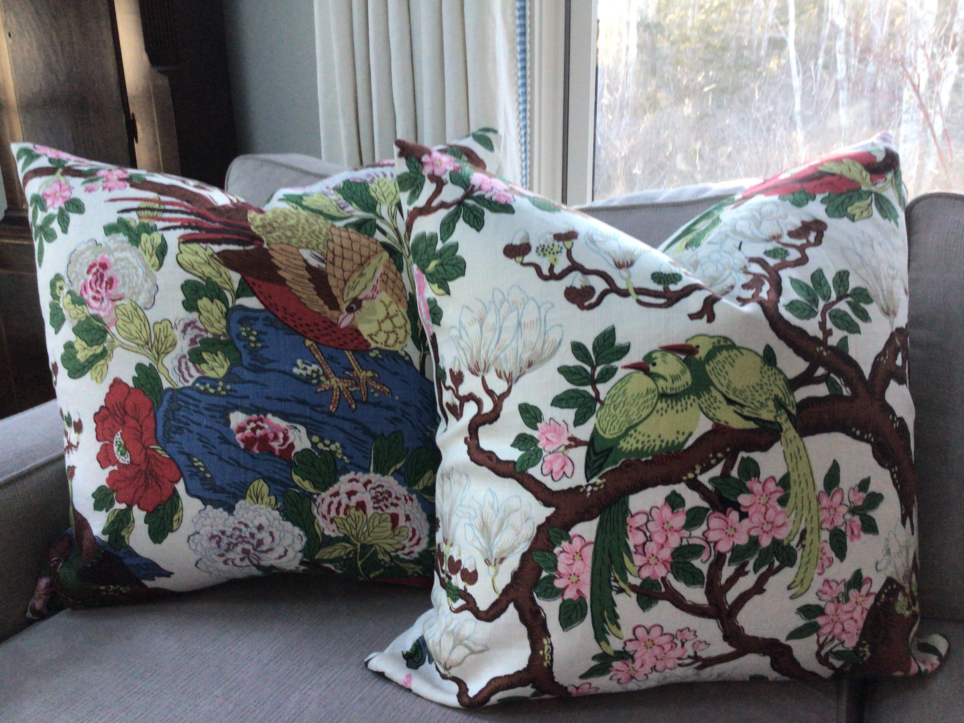 G.P. And J. Baker “Rockbird” Multi on White of 22” Down Filled Pillows - a Pair For Sale 1