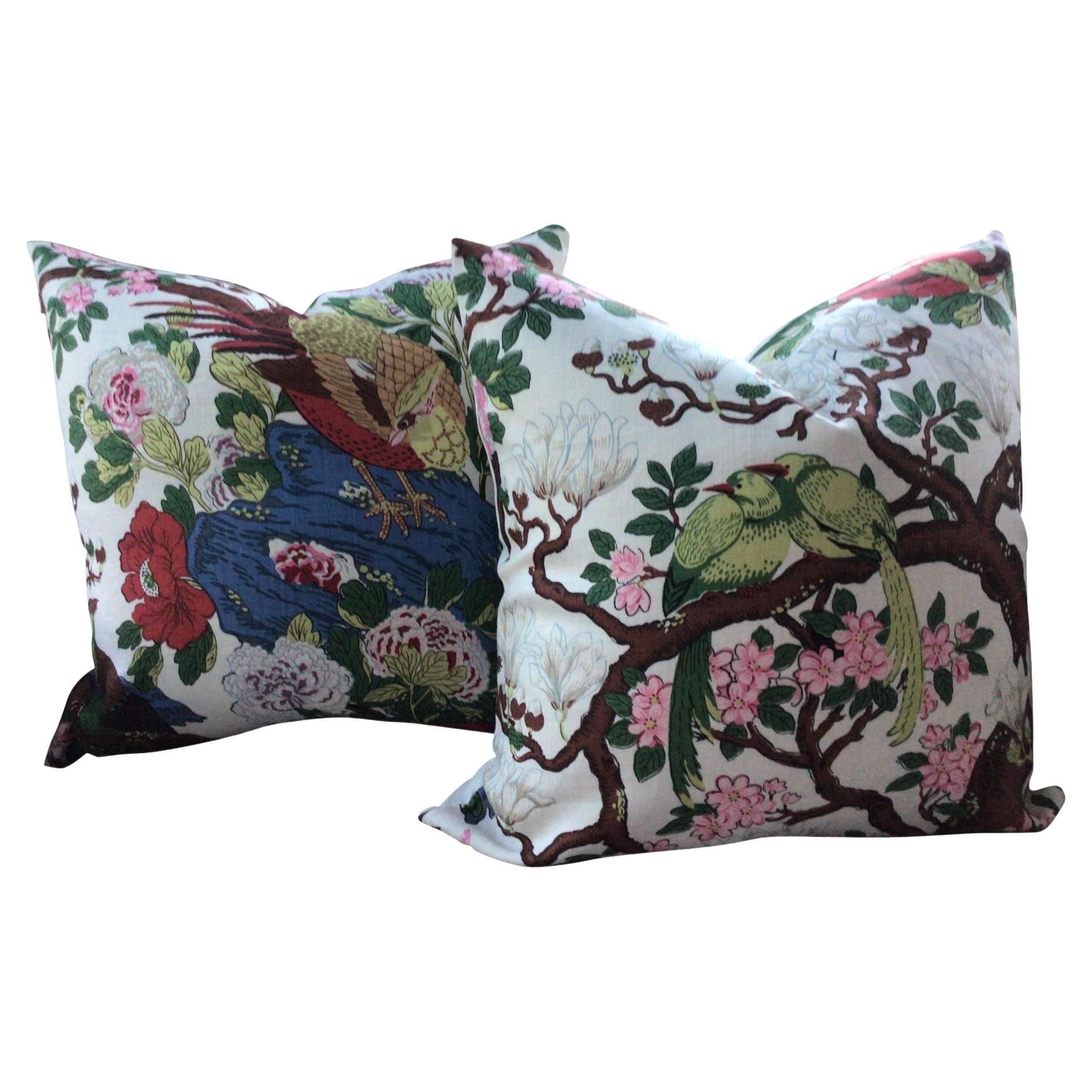 G.P. And J. Baker “Rockbird” Multi on White of 22” Down Filled Pillows - a Pair For Sale