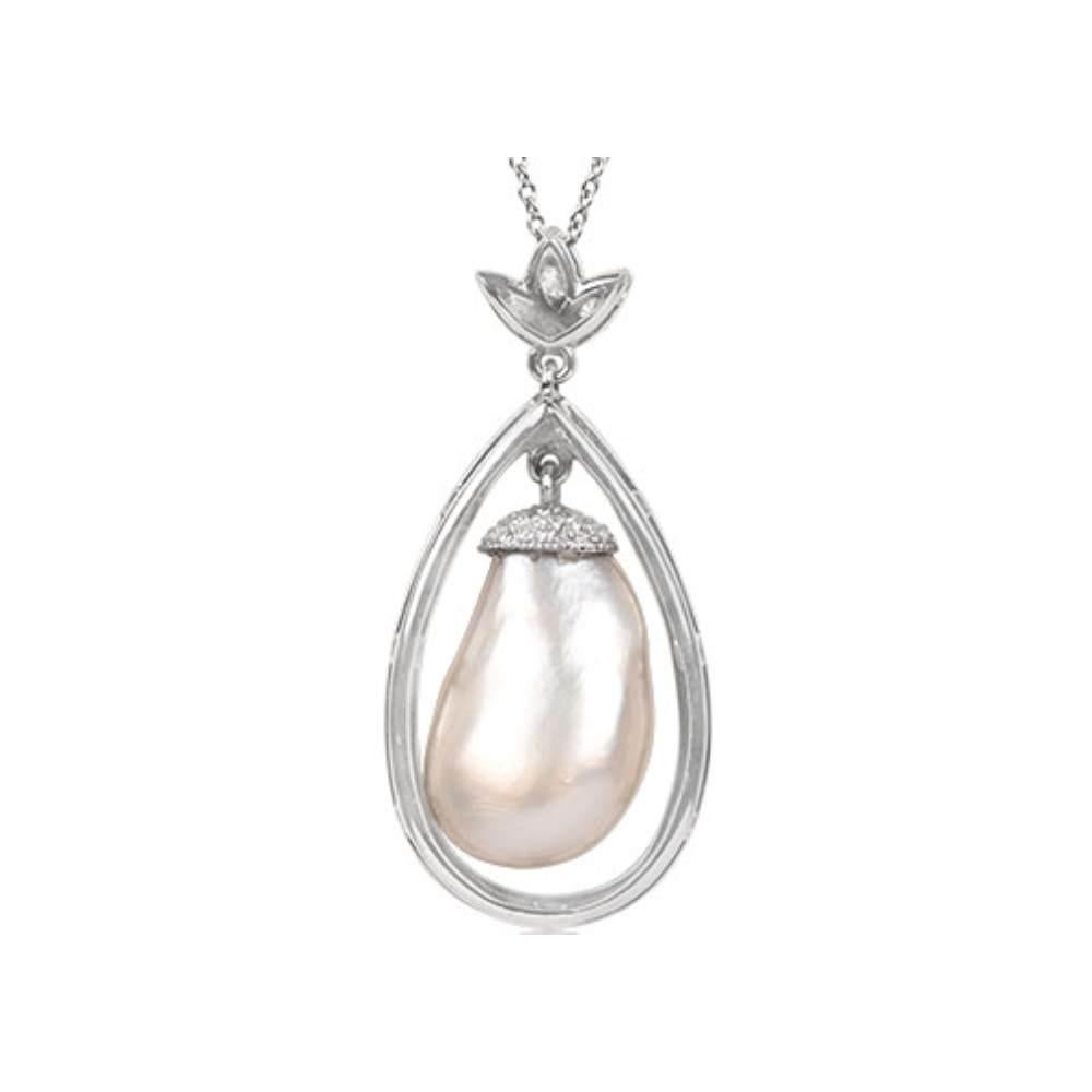 Art Deco G&P Certified 13.52ct Old Euro-Cut Diamond Pearl Drop Pendant Necklace, Platinum For Sale