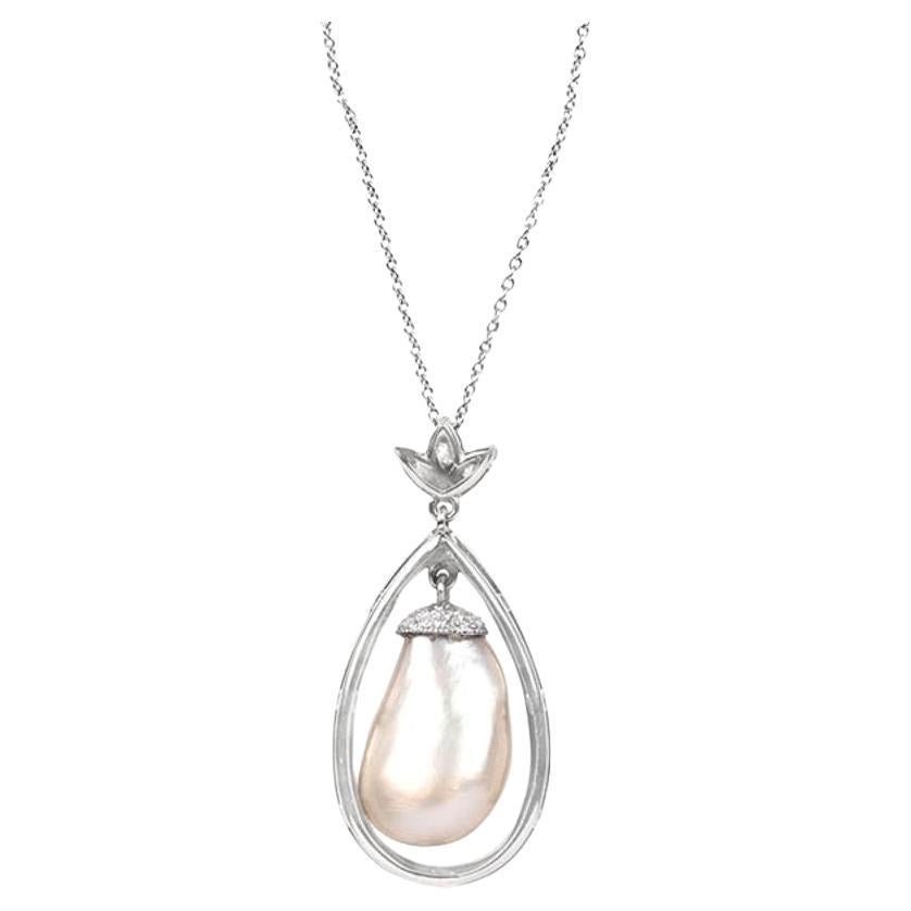 G&P Certified 13.52ct Old Euro-Cut Diamond Pearl Drop Pendant Necklace, Platinum For Sale