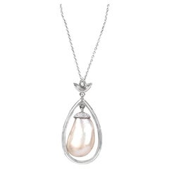 G&P Certified 13.52ct Old Euro-Cut Diamond Pearl Drop Pendant Necklace, Platinum