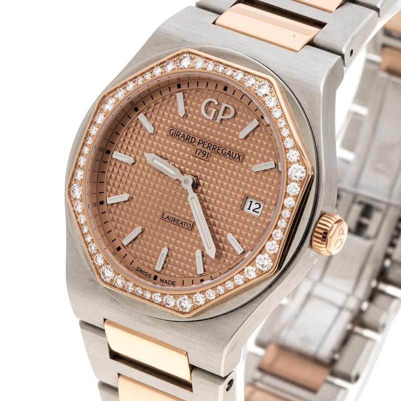 This GP Girard Perregaux watch is brilliantly designed from an 18k rose gold and stainless steel body detailed with diamonds. It comes with an octagonal bezel embedded with diamonds and a rose gold dial detailed with silver-tone hands and markers.