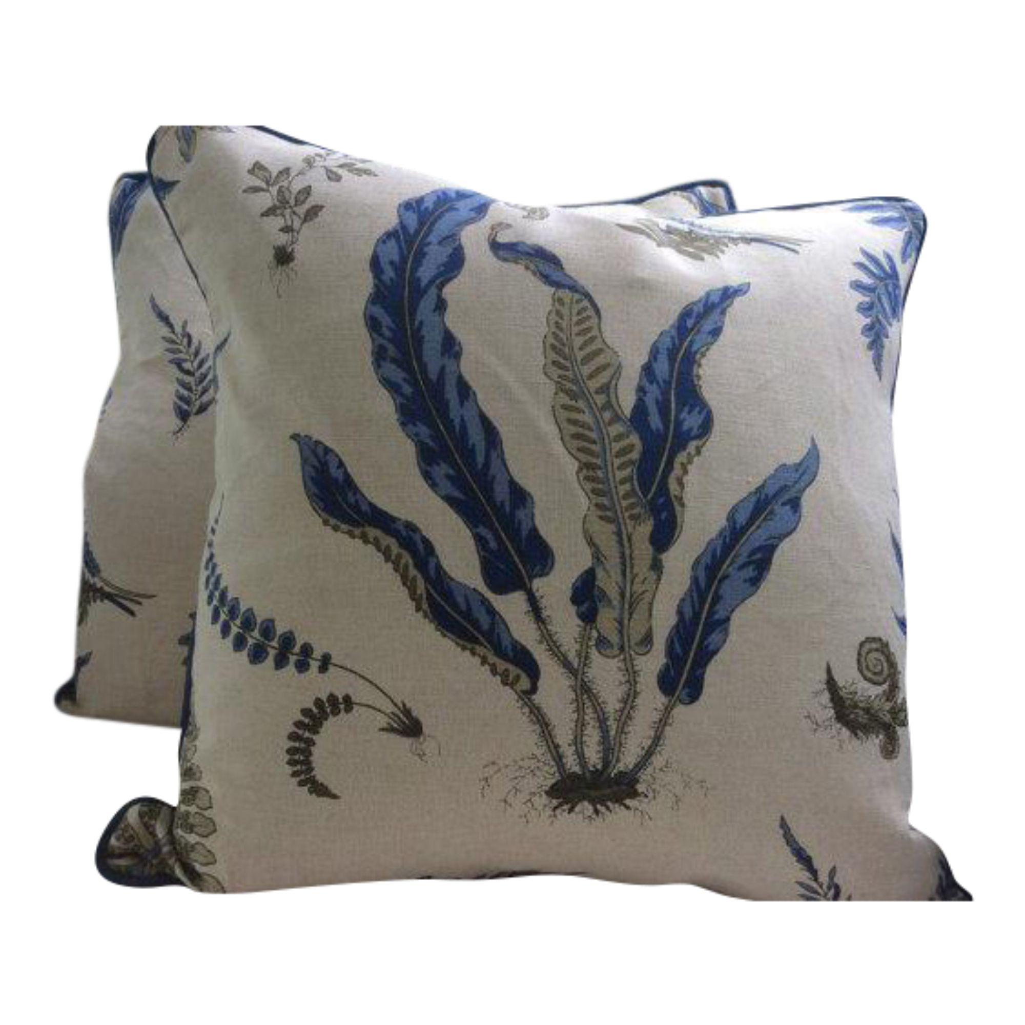 GP & J Baker Pillows in Indigo Blue & Linen "Fern" - a Pair For Sale
