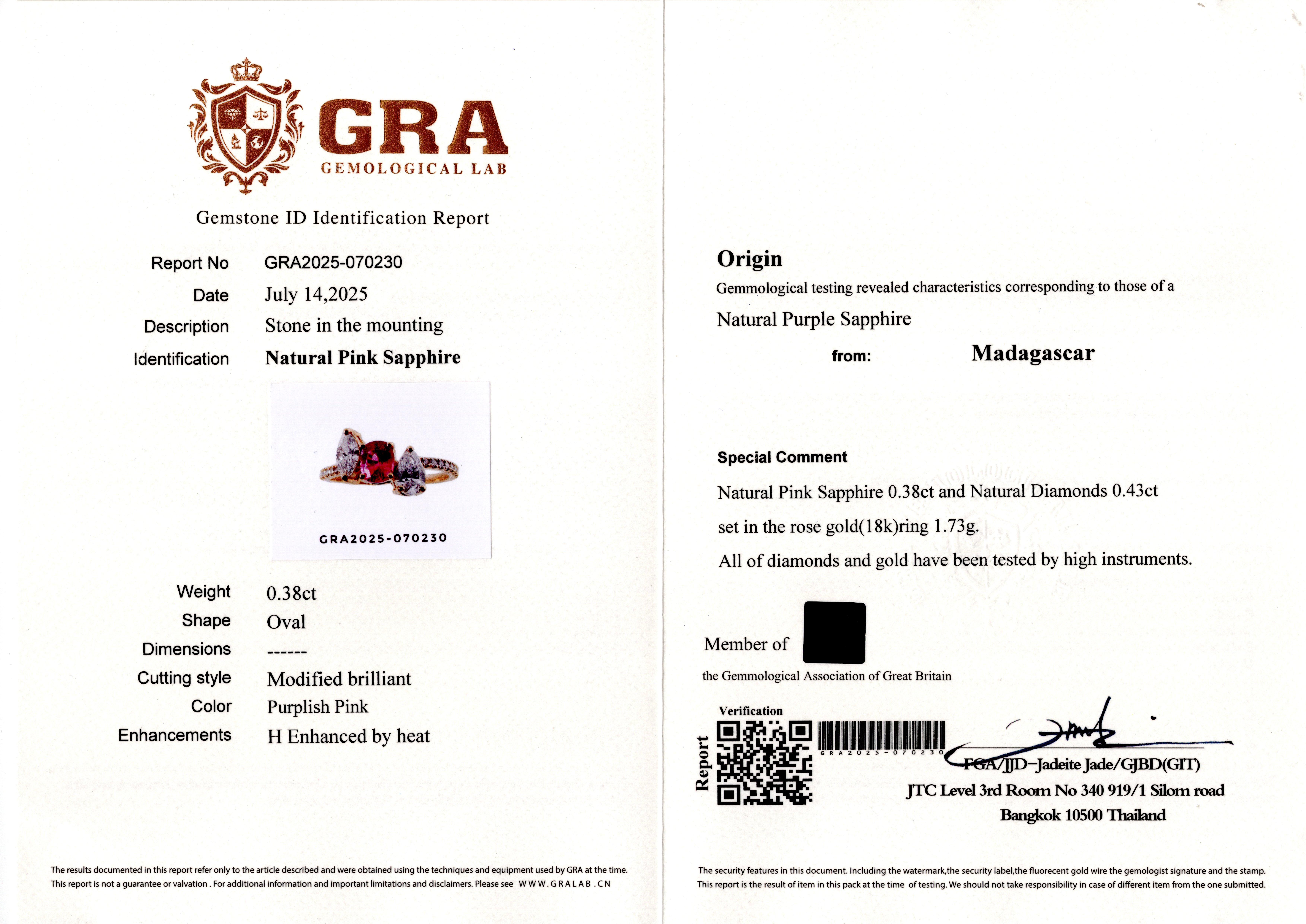 Anello di diamanti con zaffiro rosa naturale violaceo certificato GRA da 0,38 carati in vendita 6