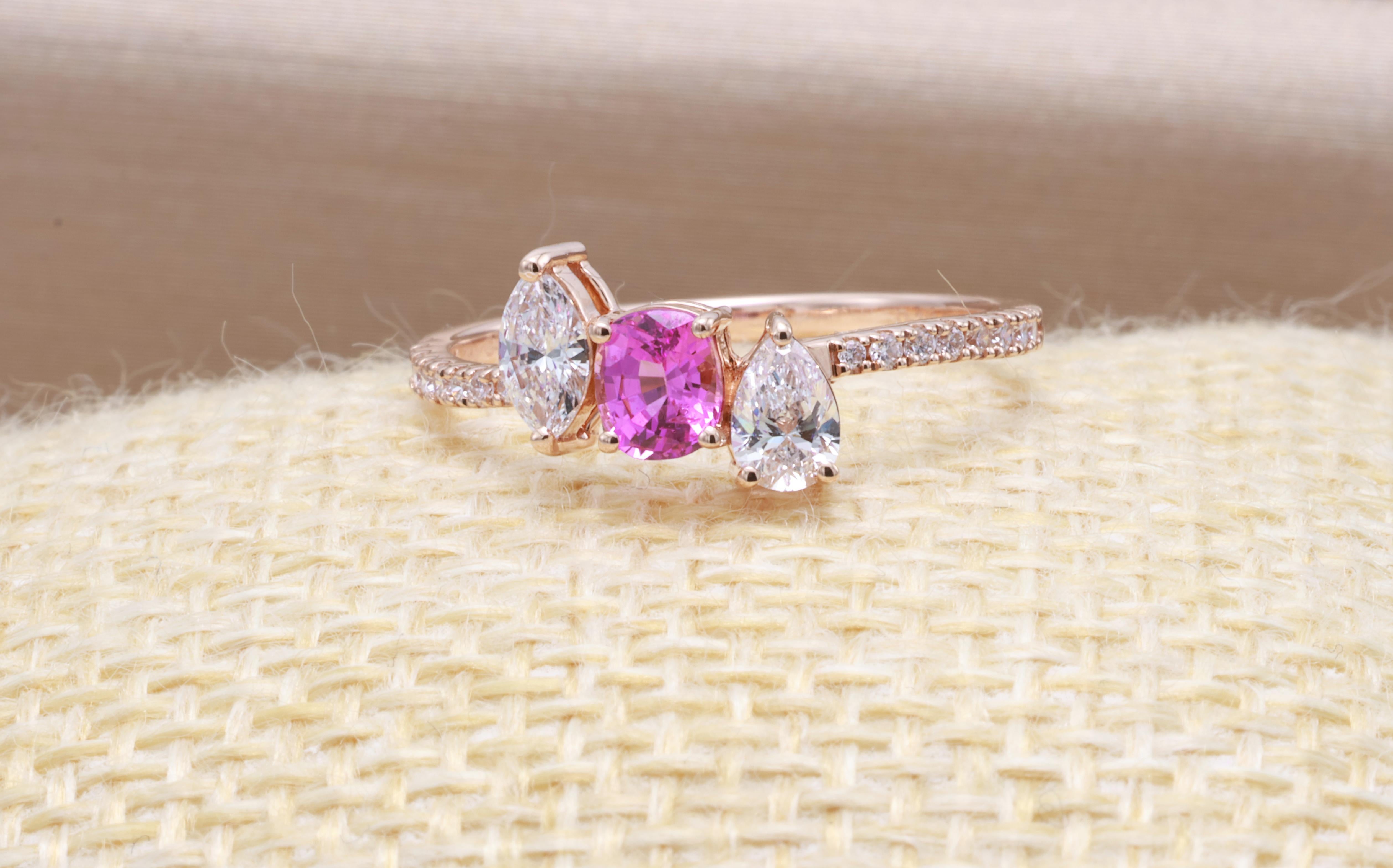 Anello di diamanti con zaffiro rosa naturale violaceo certificato GRA da 0,38 carati in vendita 4