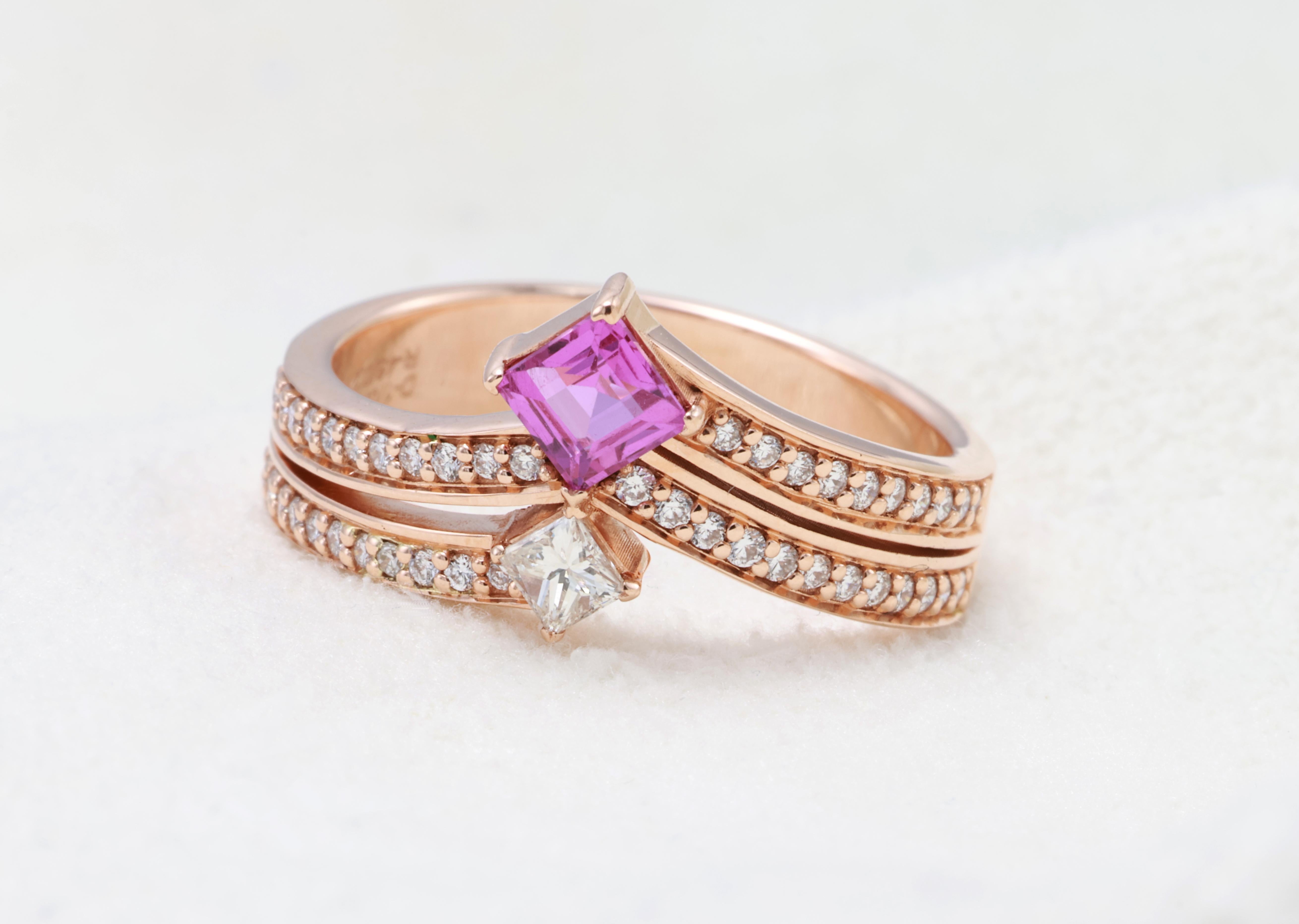 Anello con Diamante Principessa con Zaffiro Rosa Purpureo Naturale certificato GRA da 0,41 Carati in vendita 5