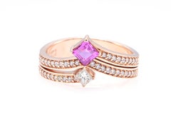 GRA Certified 0.41 Carat Natural Purplish Pink Sapphire Princess Diamond Ring (Bague saphir princesse diamant)