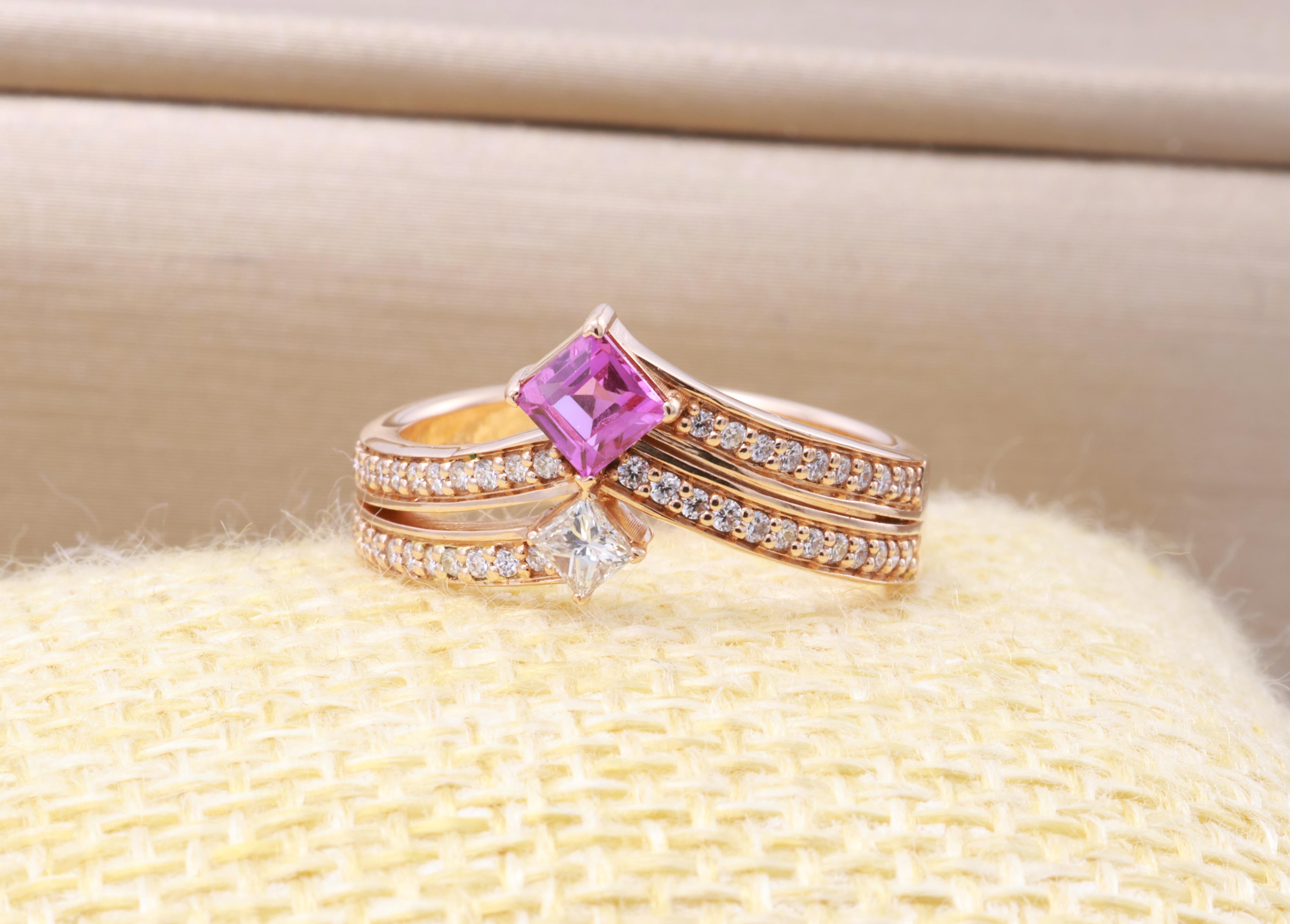 Anello con Diamante Principessa con Zaffiro Rosa Purpureo Naturale certificato GRA da 0,41 Carati in vendita 1