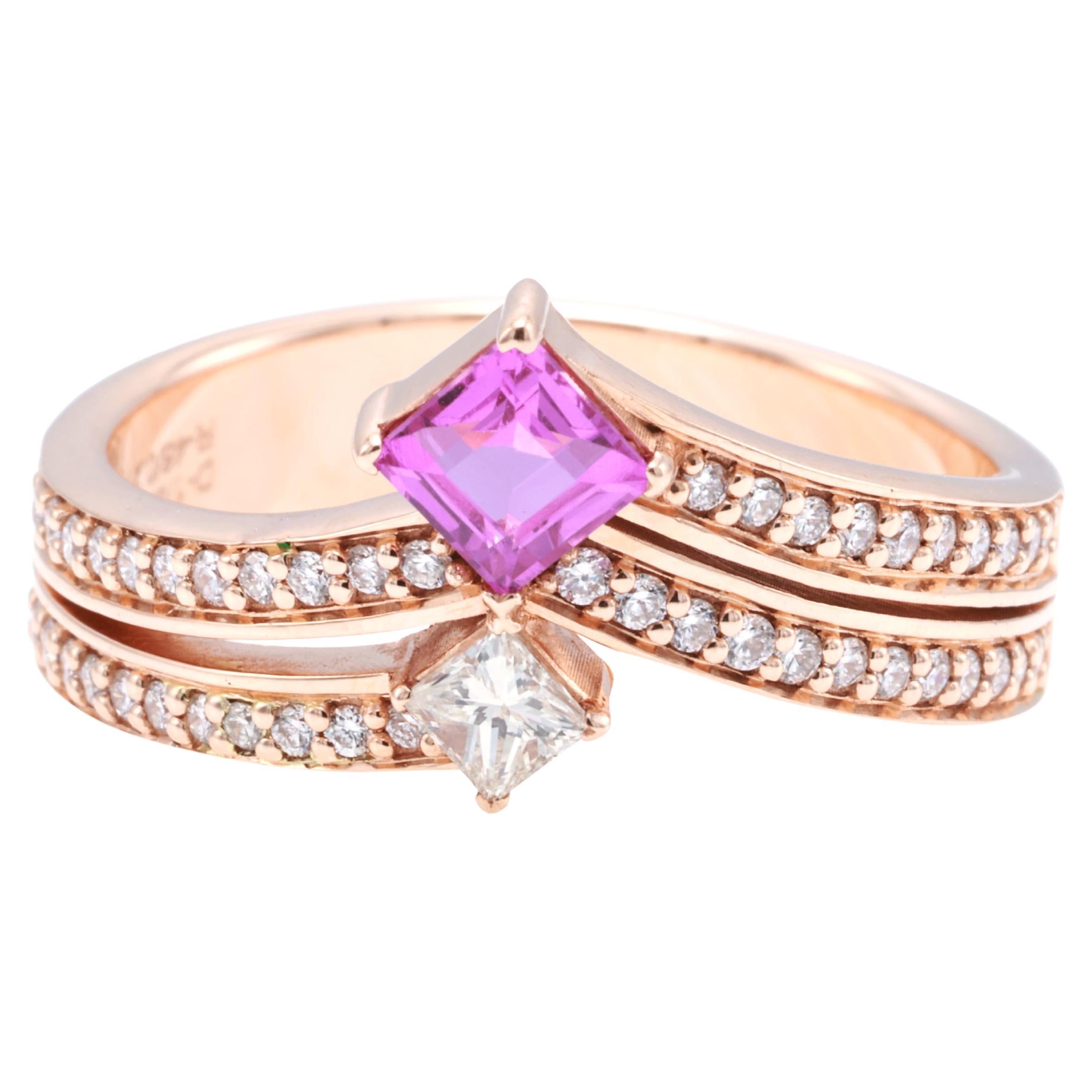 Anello con Diamante Principessa con Zaffiro Rosa Purpureo Naturale certificato GRA da 0,41 Carati