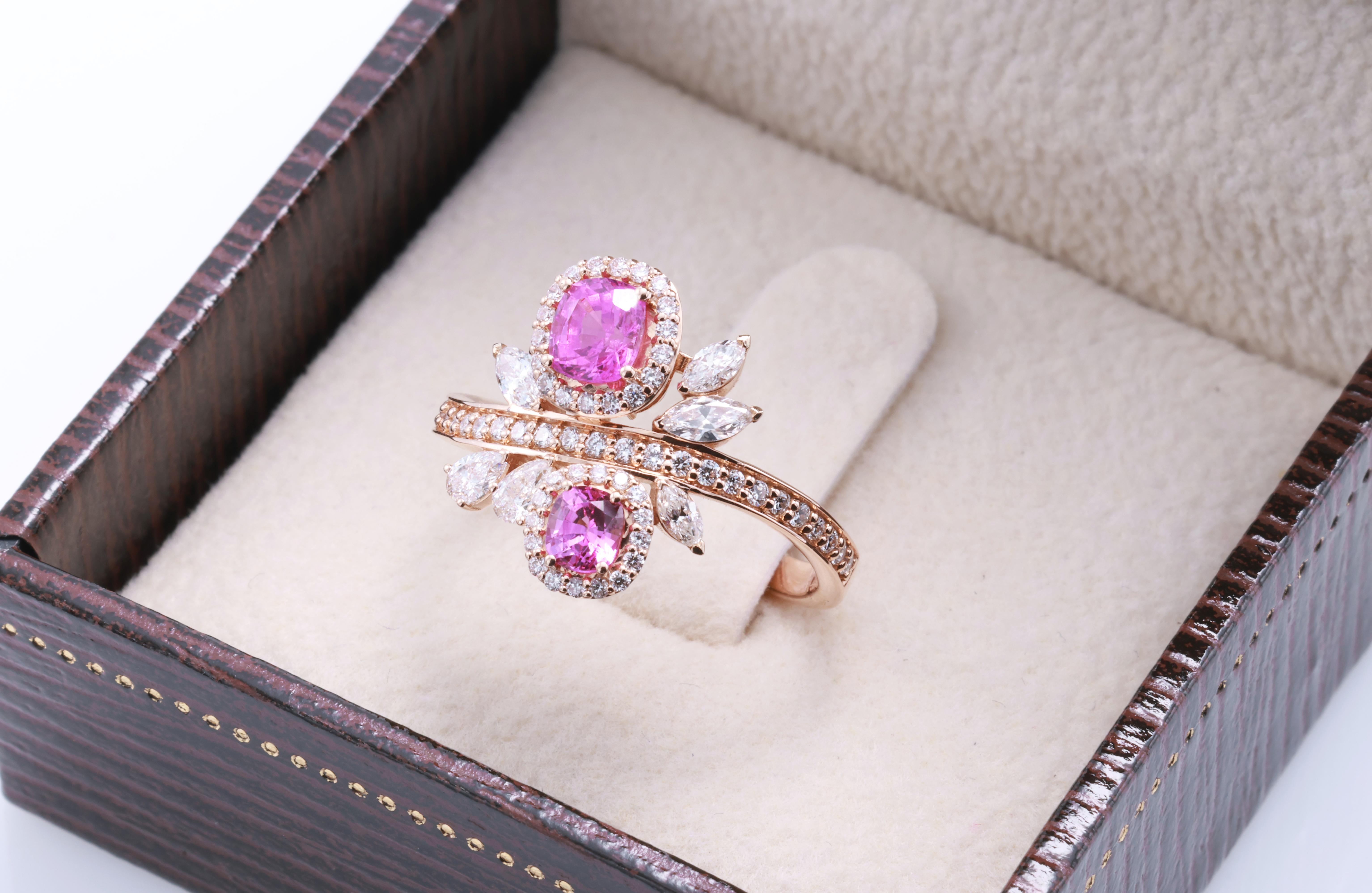 Anello di diamanti con zaffiro rosa naturale certificato GRA da 0,81 carati in vendita 6