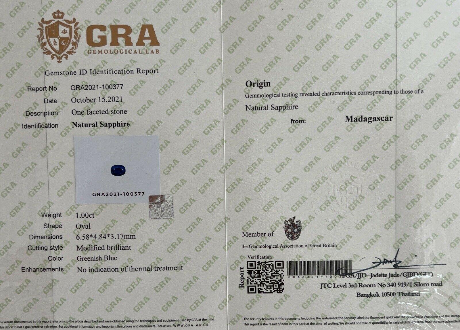GRA Certified 1.00ct Fine Blue Sapphire Oval Cut Rare Untreated Gem 6