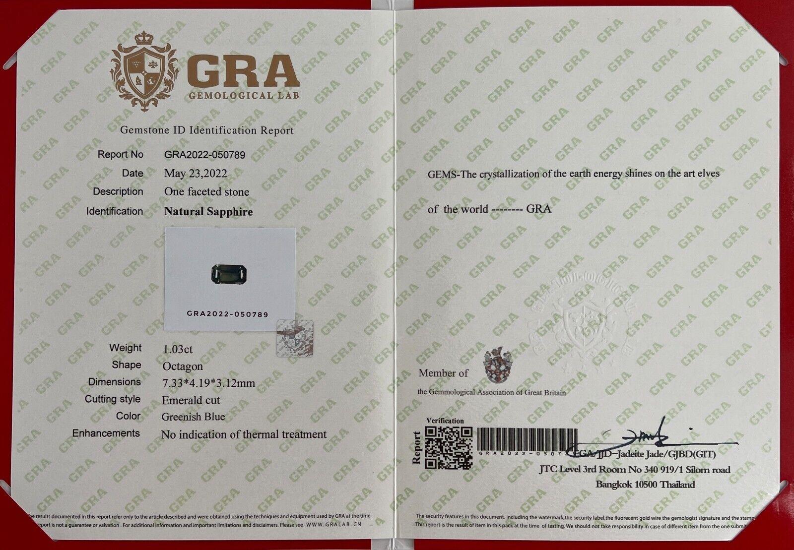 GRA Certified 1.03ct Green Blue Sapphire Untreated Emerald Cut Gem 2