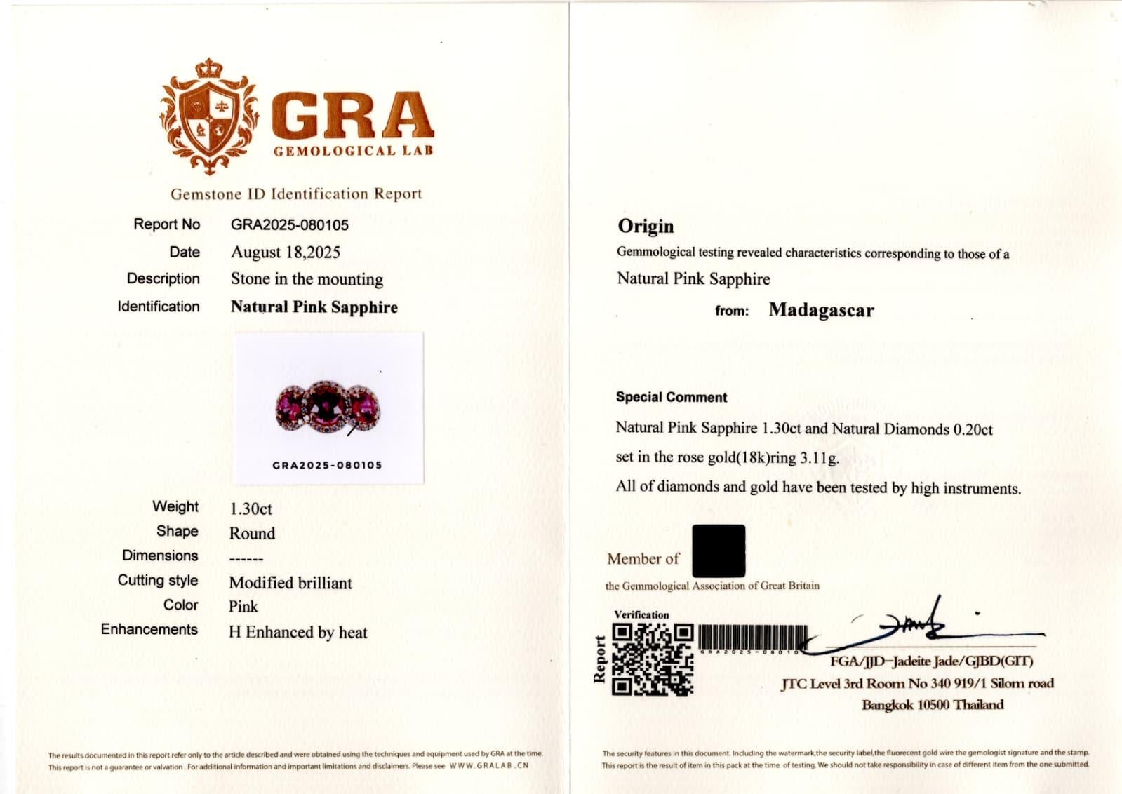 Women's or Men's GRA Certified 1.30 Carat Natural Madagascar Pink Sapphire Round Diamond Ring For Sale