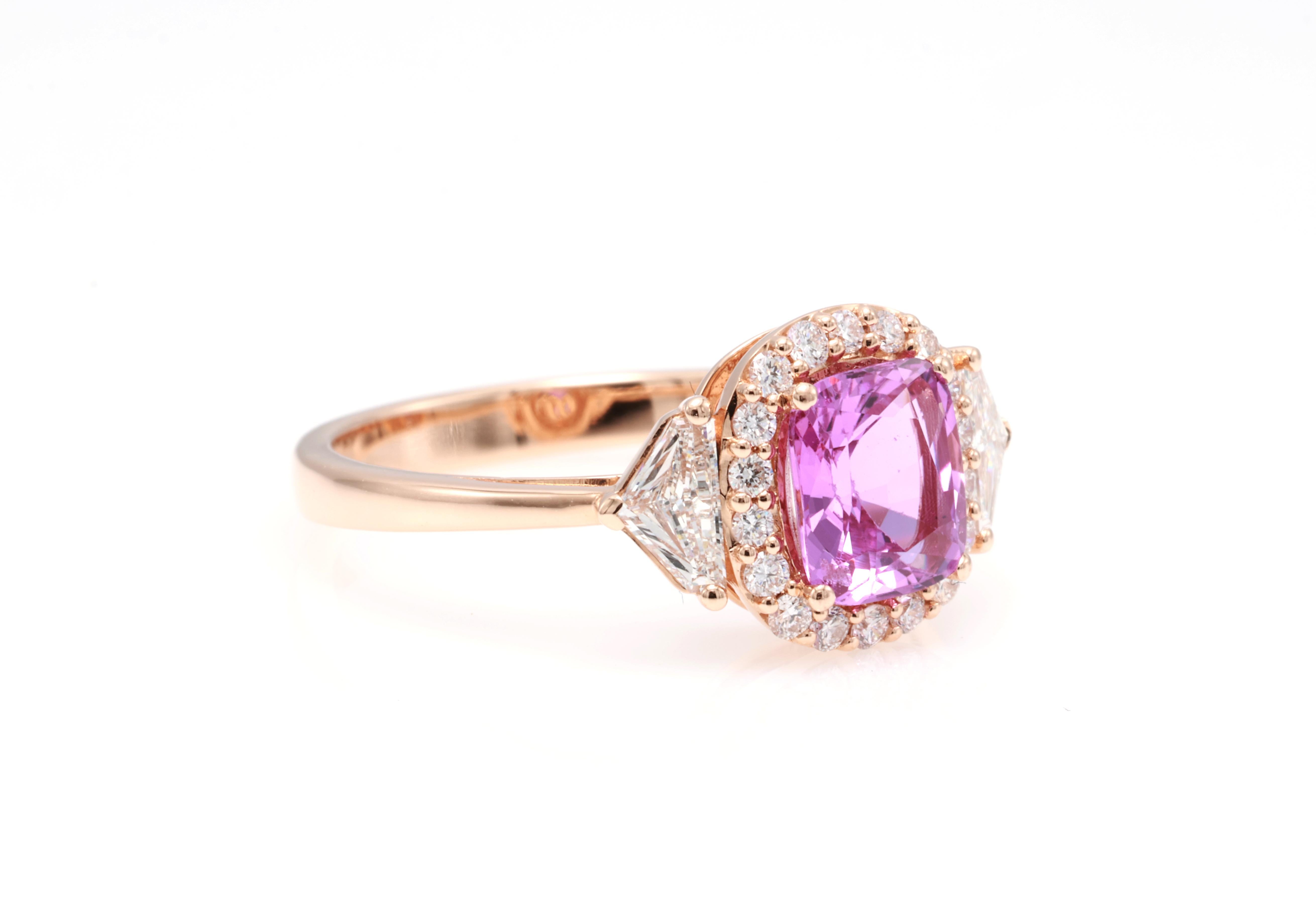 GRA-zertifizierter 1,34 Karat natürlicher Pink Saphir Cushion Diamantring für Damen oder Herren im Angebot