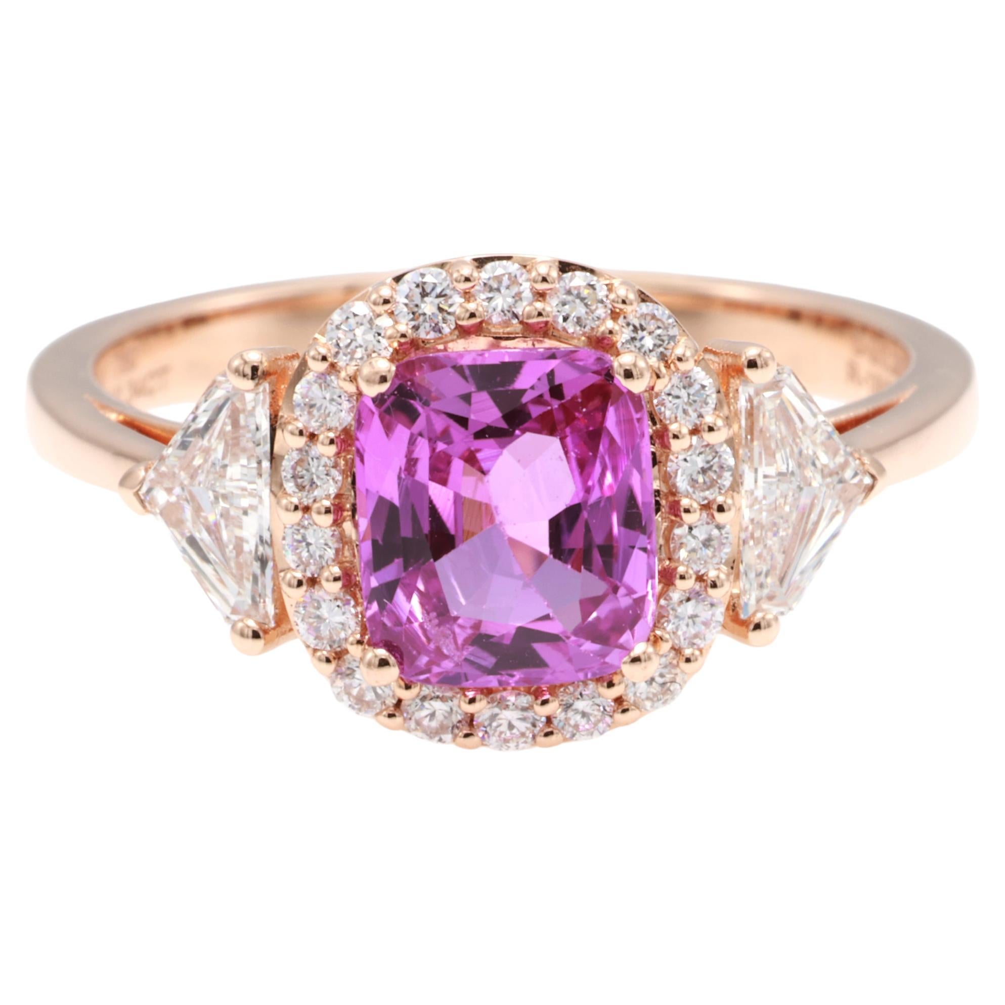 Anello con zaffiro rosa naturale a cuscino e diamante certificato GRA da 1,34 carati
