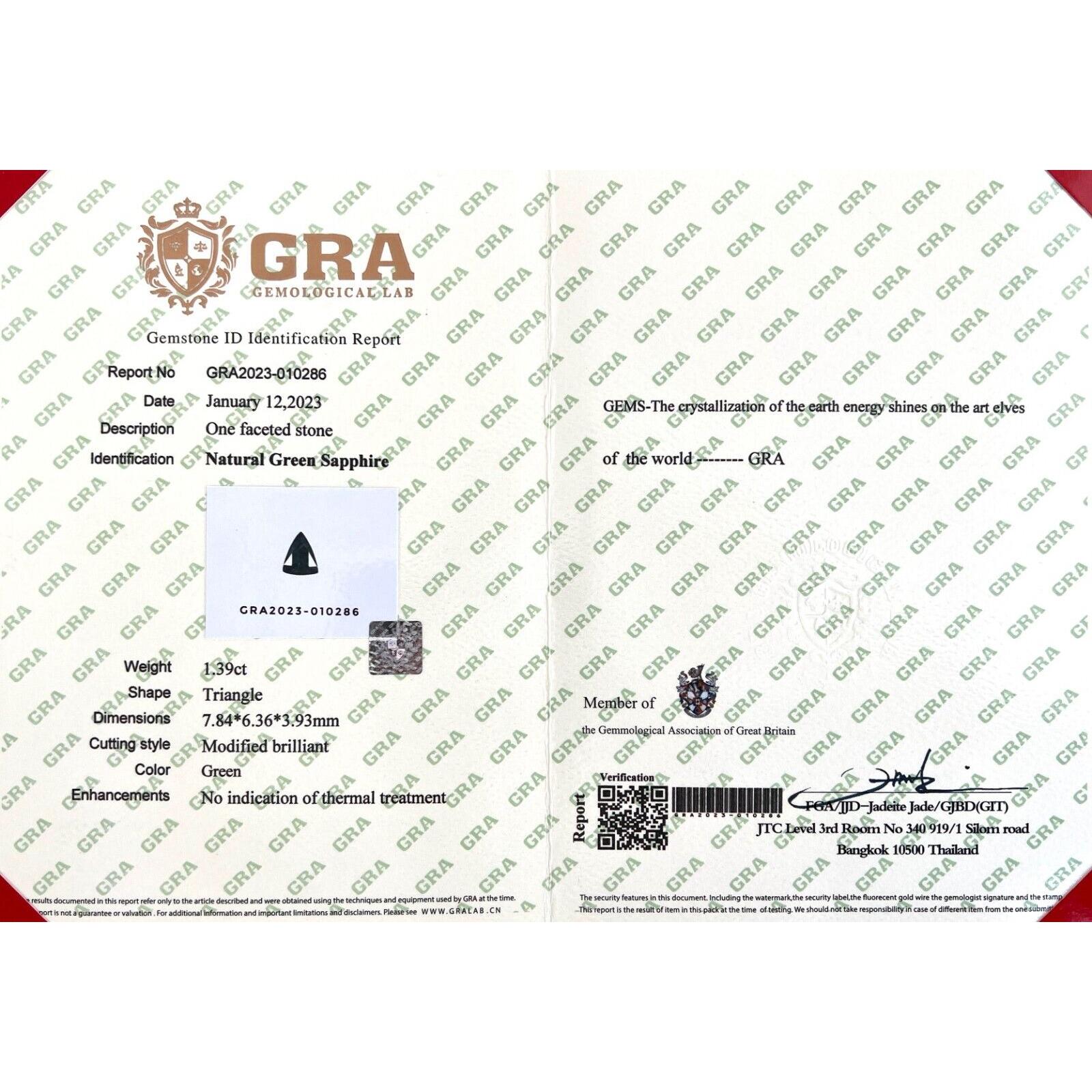 Certificado GRA 1,39ct Zafiro Verde Fino Triángulo Corte Fantasía Gema Rara 7,8x6,3mm Corte trillion en venta