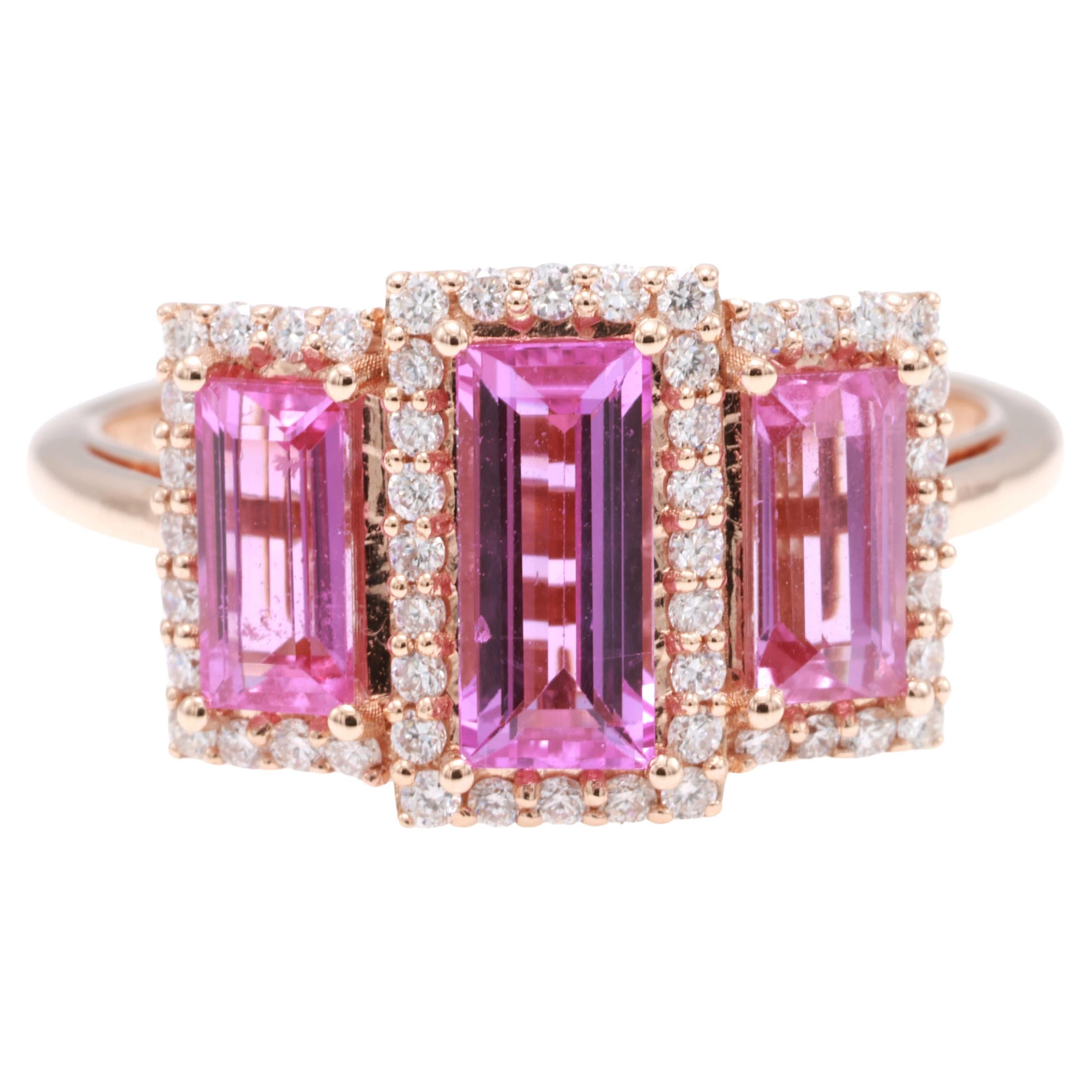 GRA Certified 1.65 Carat Natural  Pink Sapphire Baguette Diamond Ring For Sale
