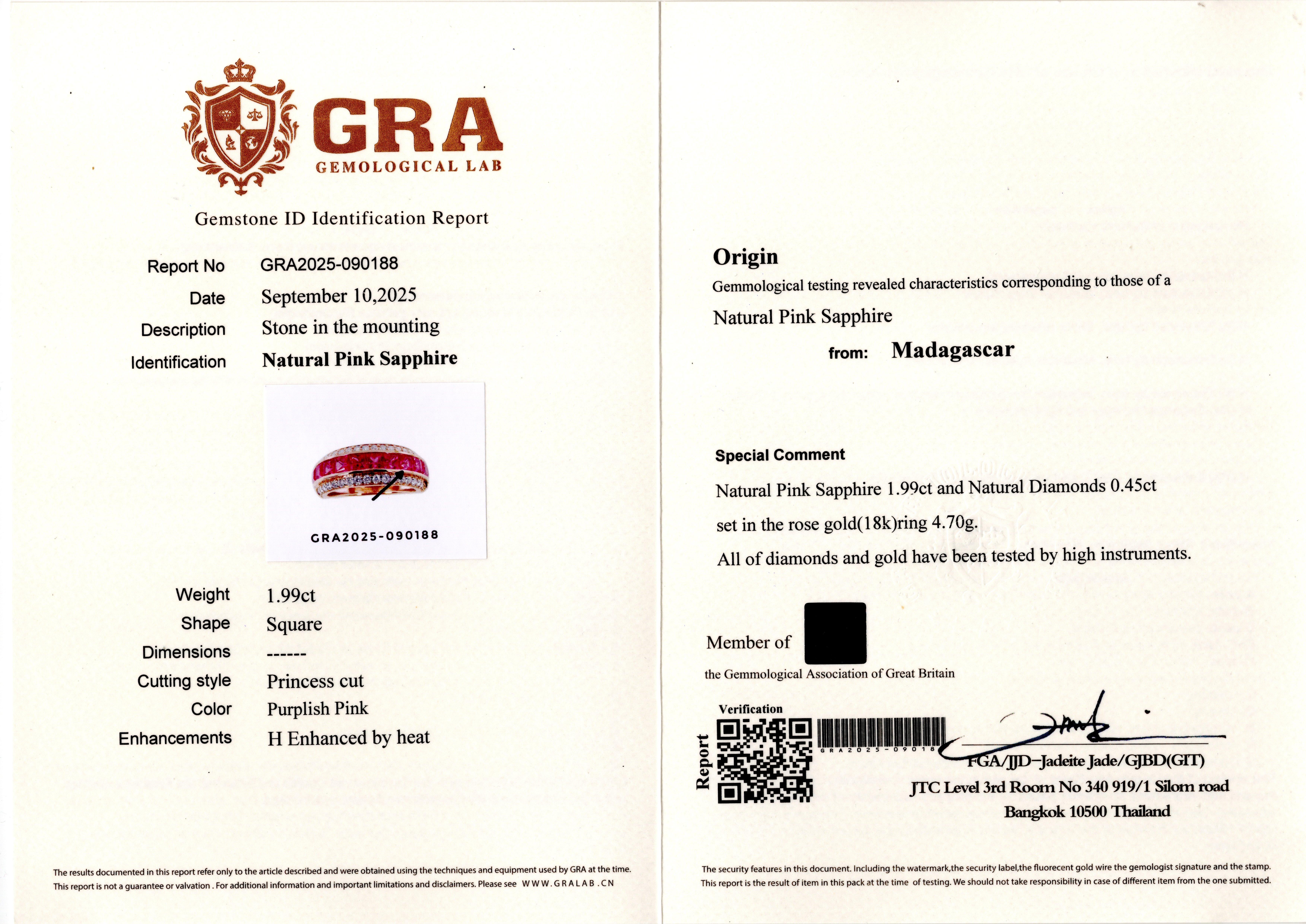 Anello con Diamante Principessa con Zaffiro Rosa Purpureo Naturale Certificato GRA da 1,99 Carati in vendita 9