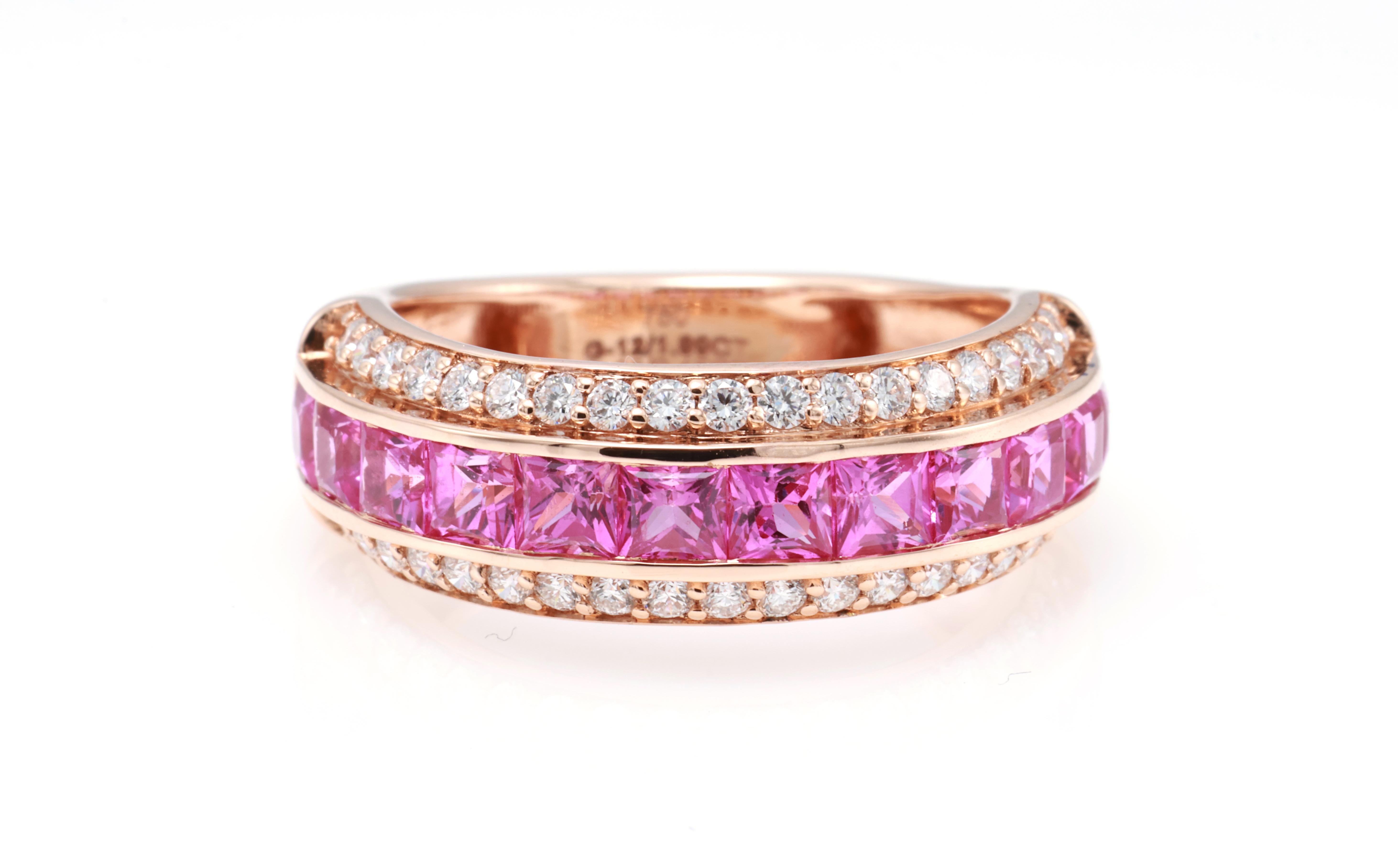 da uomo o donna Anello con Diamante Principessa con Zaffiro Rosa Purpureo Naturale Certificato GRA da 1,99 Carati in vendita