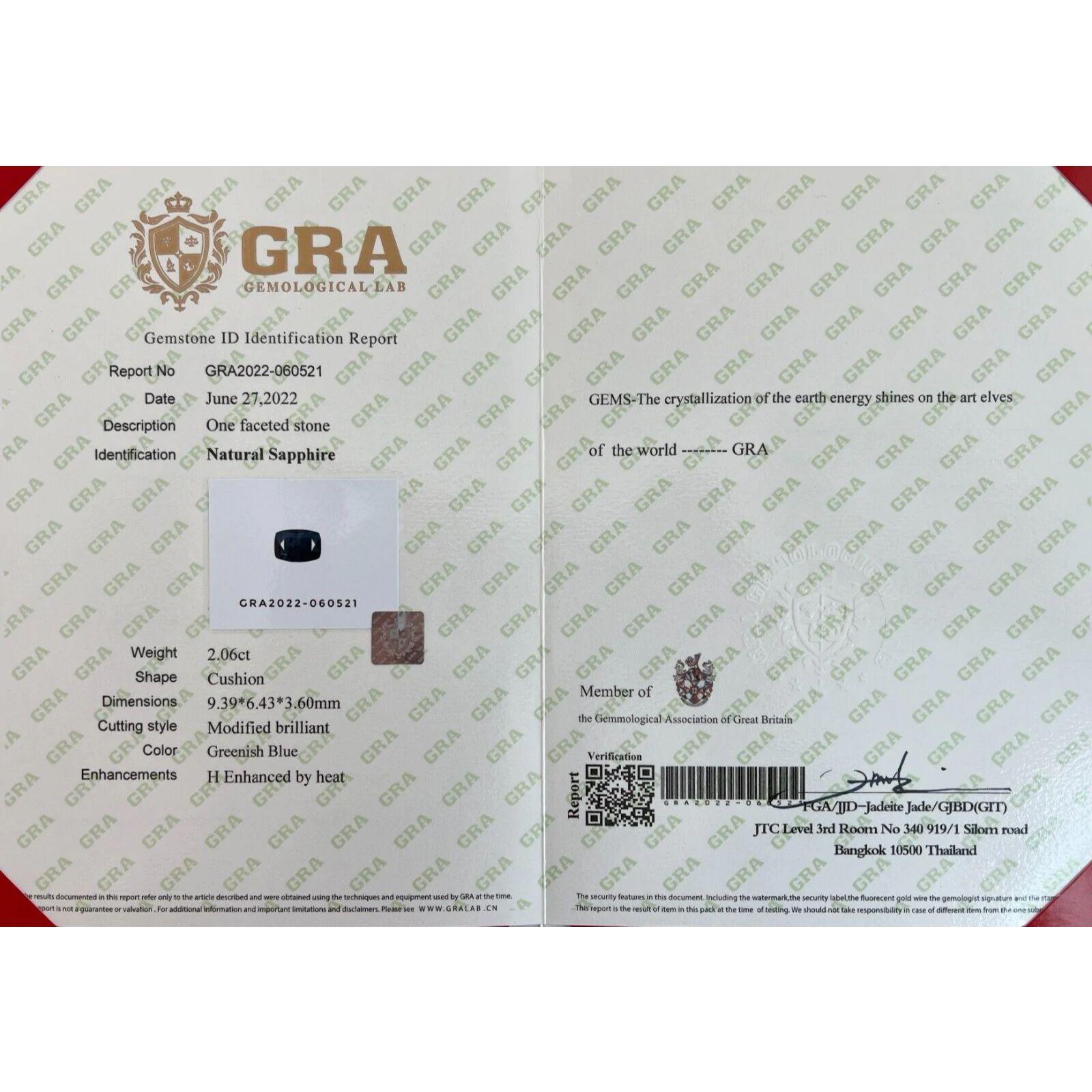 GRA Certified 2.06ct Green Blue Sapphire Loose Cushion Cut Gem For Sale 4