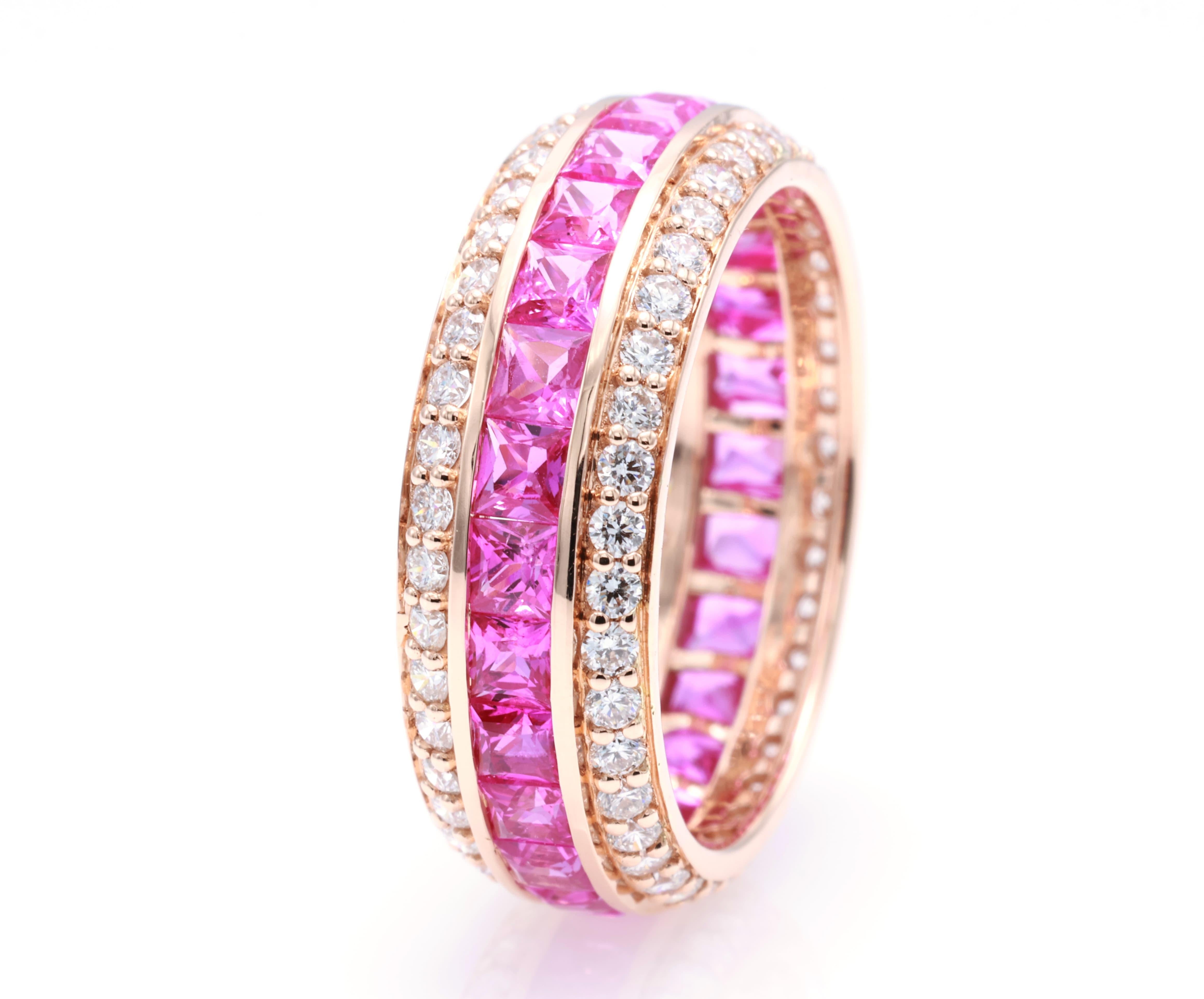 18kt white gold ring with diamonds
  
  Gold colour & karat: White gold 18kt
  Weight: 4.19 grams
  
  Set with-
  Stone type: Sapphire
  Shape: Square
  Carat: 2.69 ct
  Colour: Pink
  
 
  Surrounding Stones: Diamonds

 1) Side White Diamonds
 