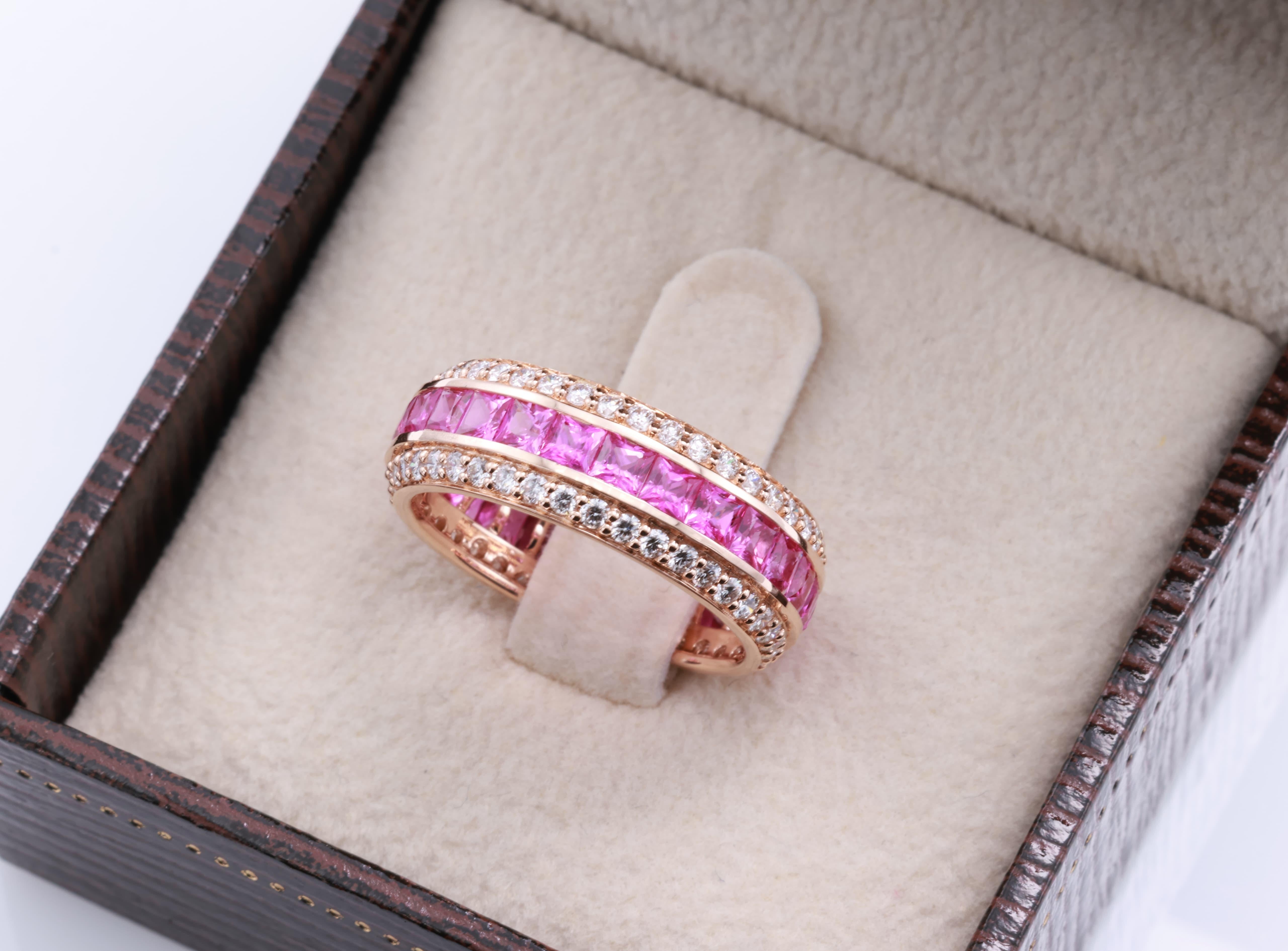 Princess Cut GRA Certified 2.69 Carat Natural Siam Pink Sapphire Princess Diamond Ring For Sale