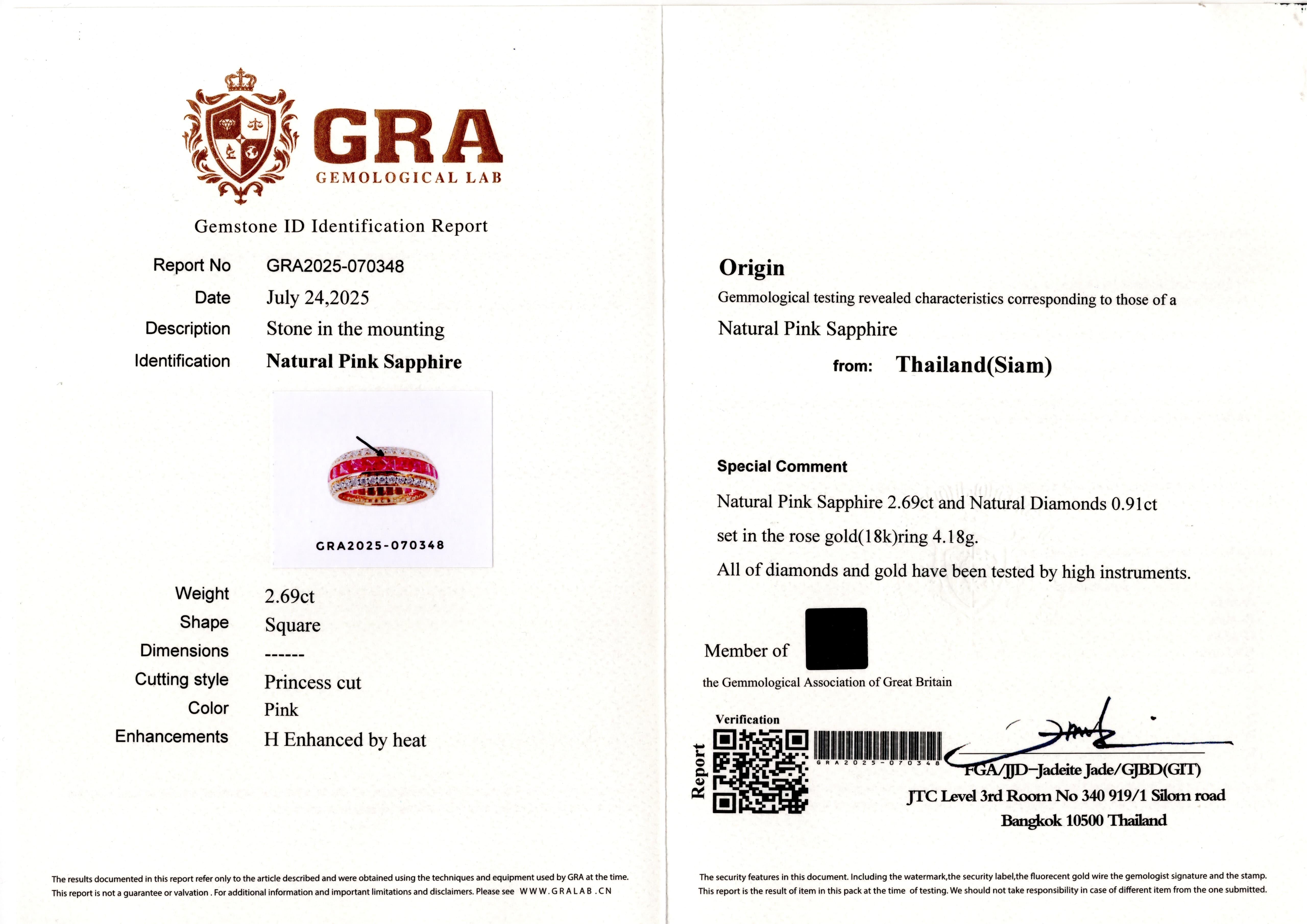 GRA Certified 2.69 Carat Natural Siam Pink Sapphire Princess Diamond Ring In New Condition For Sale In บางรัก, TH