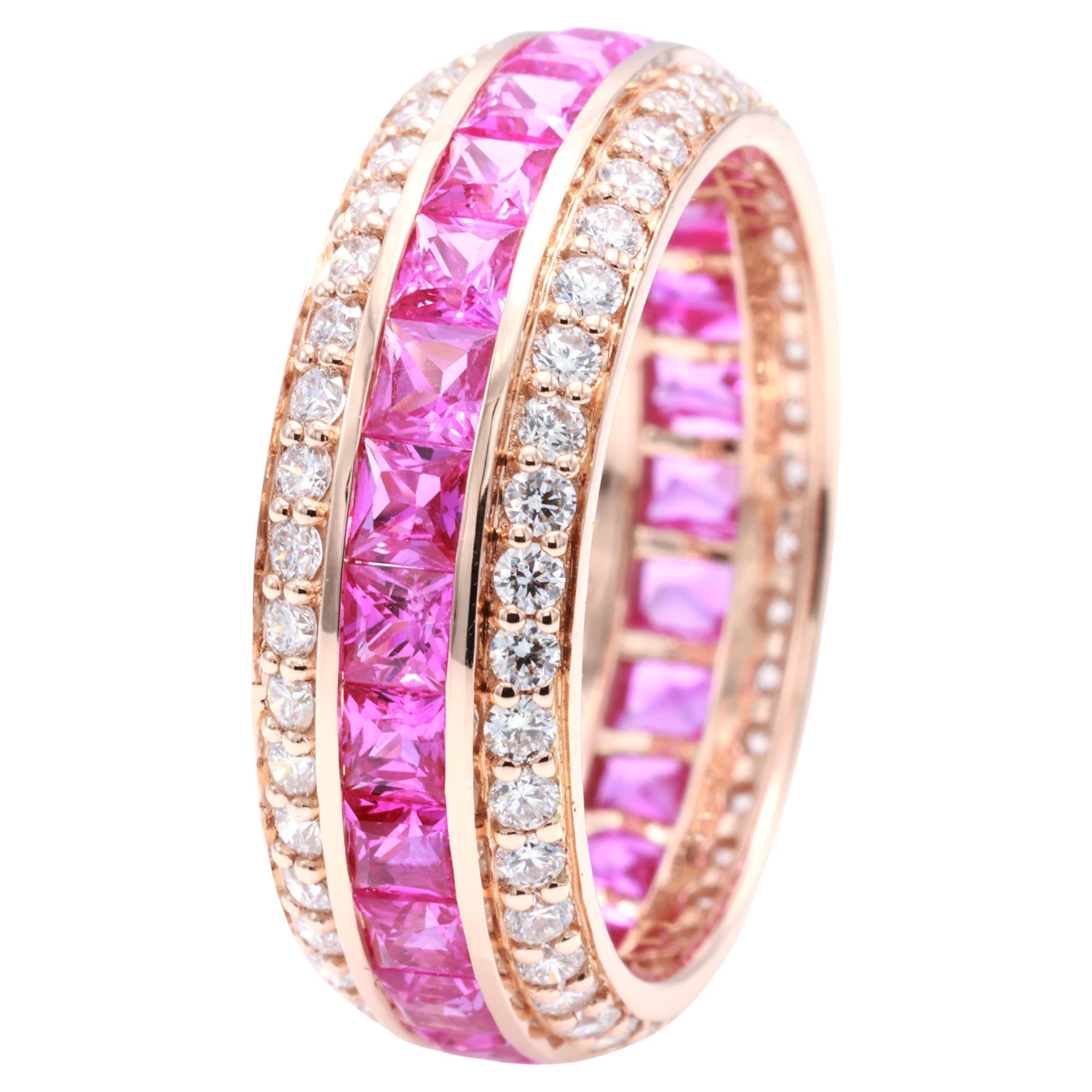 GRA Certified 2.69 Carat Natural Siam Pink Sapphire Princess Diamond Ring For Sale