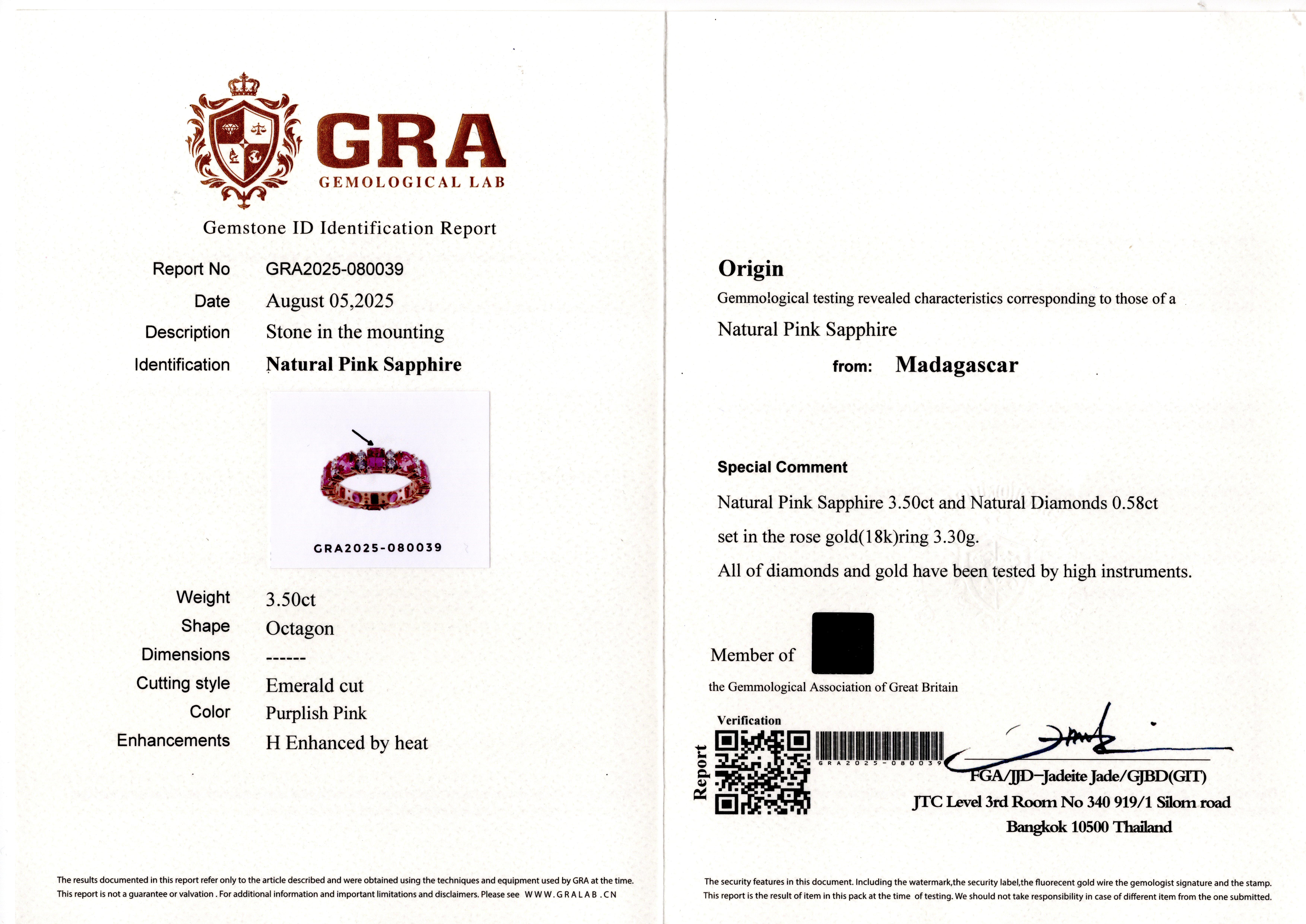 Anello di diamanti con zaffiro rosa naturale violaceo certificato GRA da 3.50 carati in vendita 6