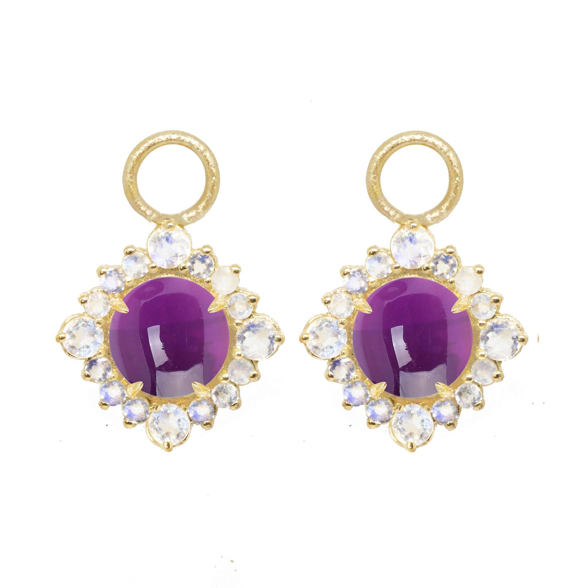 Our moonstone-accented Grace Gold Earring Charms are rimmed in gold, with a vivid amethyst gemstone at the center. Pair them with an hoop, mix them with any style, the Grace Silver Earring Charms made a great addition.

Hoops and charms are sold