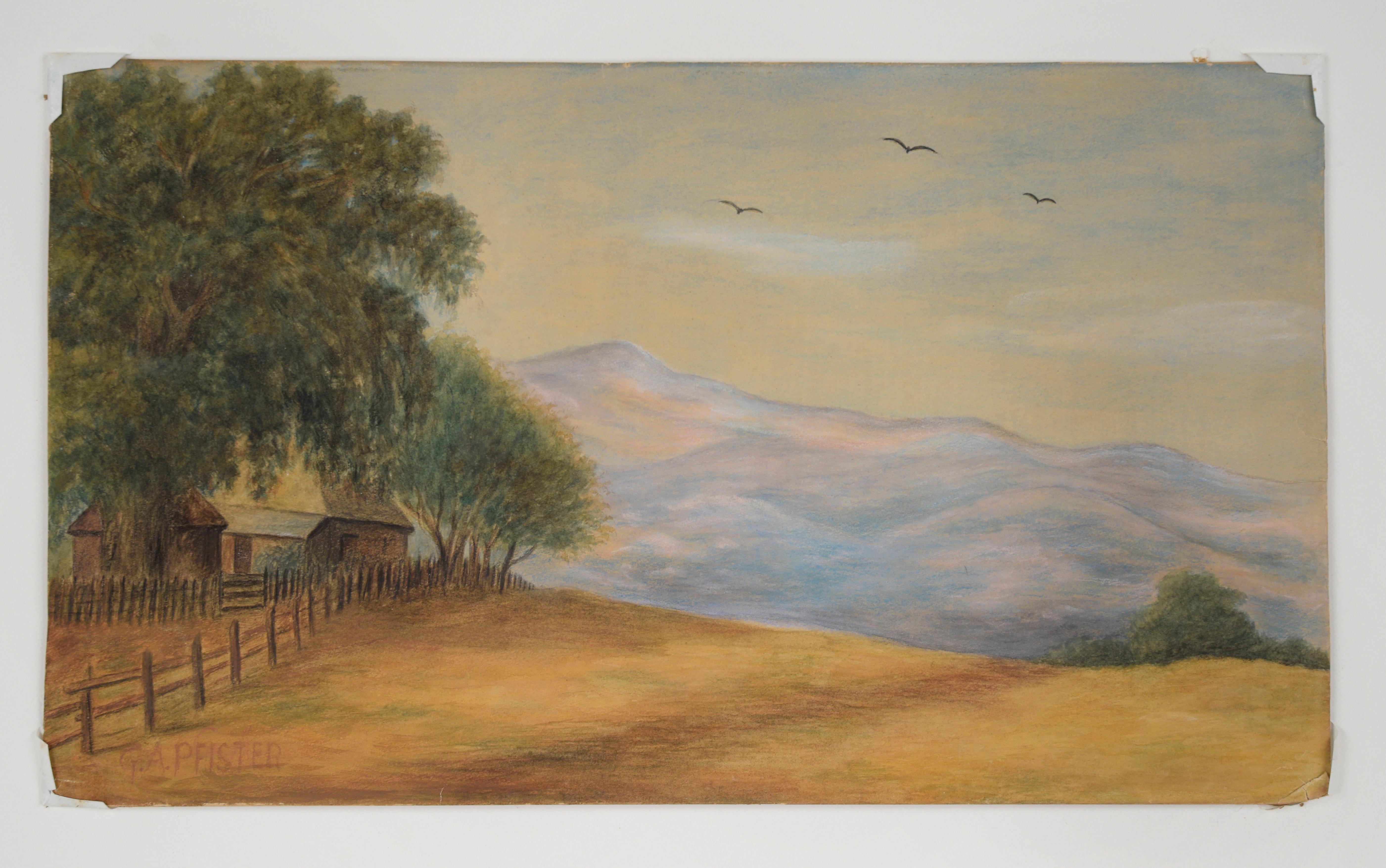 Countryside Barn at Dusk below Mt. Tamalpais - Original Oil Pastel On Paper - Painting by Grace Anna Pfister