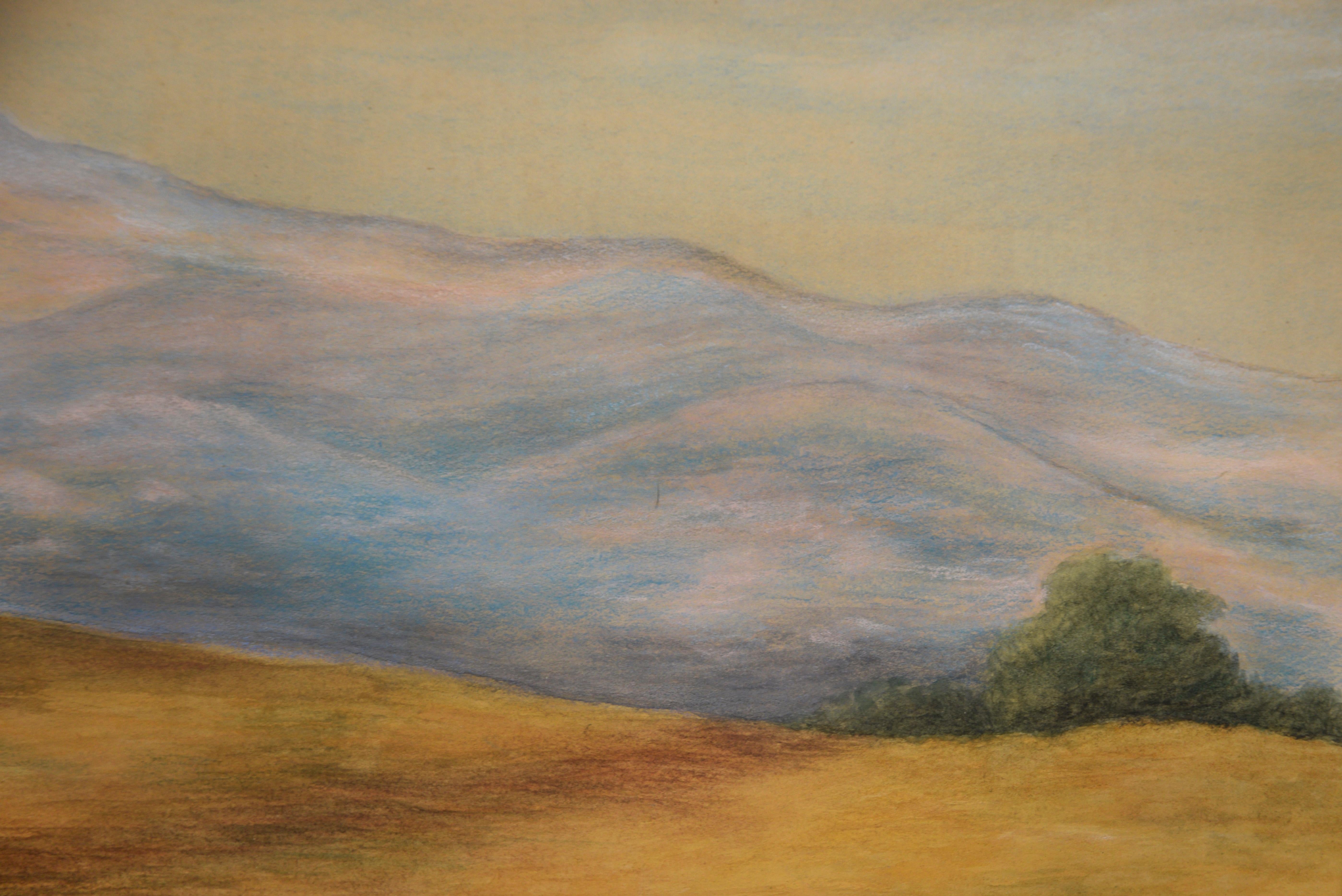 Countryside Barn at Dusk below Mt. Tamalpais - Original Oil Pastel On Paper - American Impressionist Painting by Grace Anna Pfister