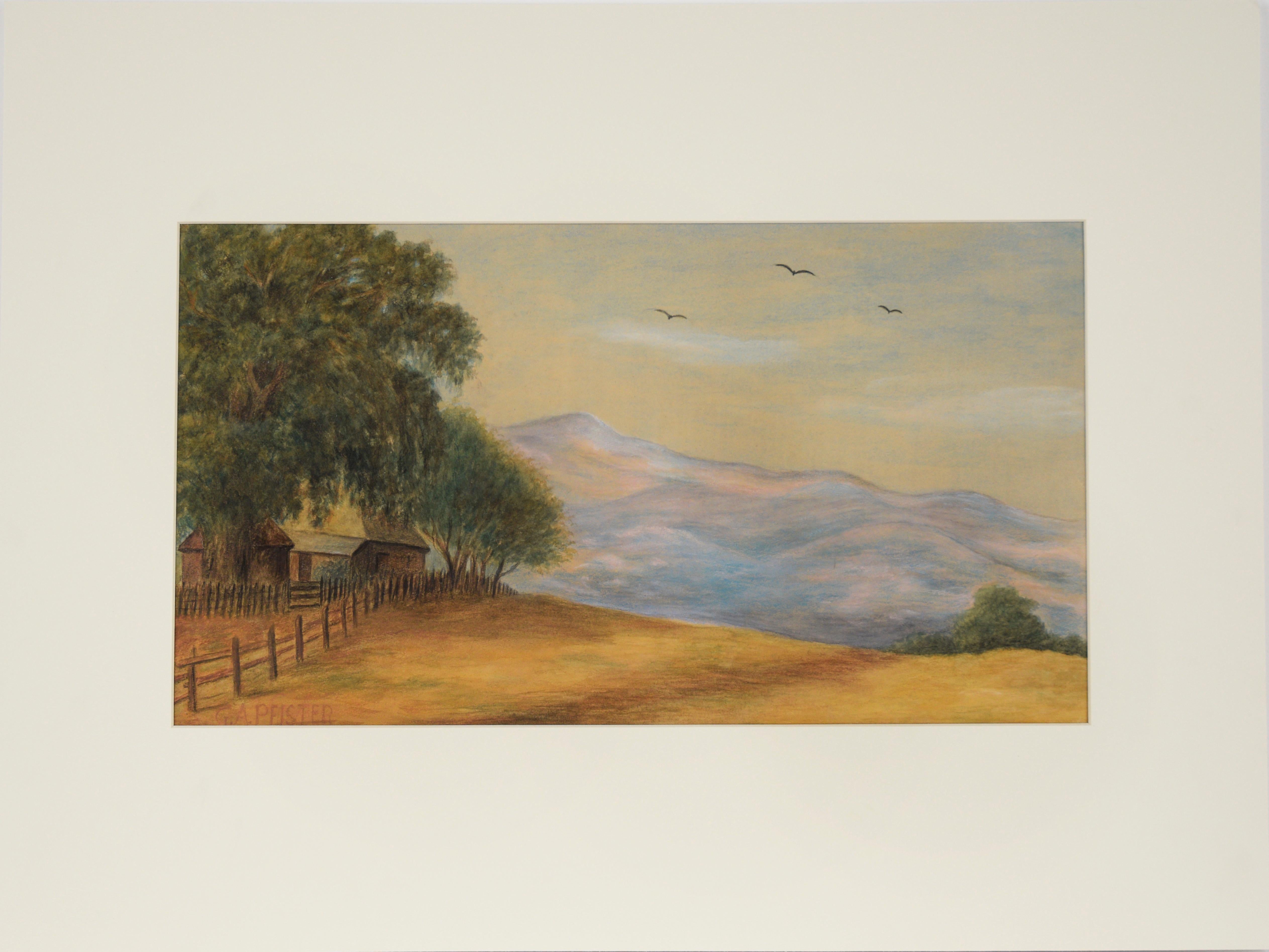 Grange de campagne au crépuscule sous le mont Tamalpais - Pastel à l'huile original sur papier