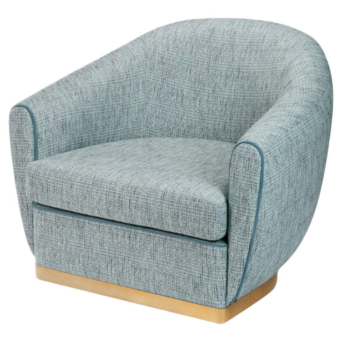 Grace Armchair in Alston China Blue Upholstery and Polished Brass Base For Sale