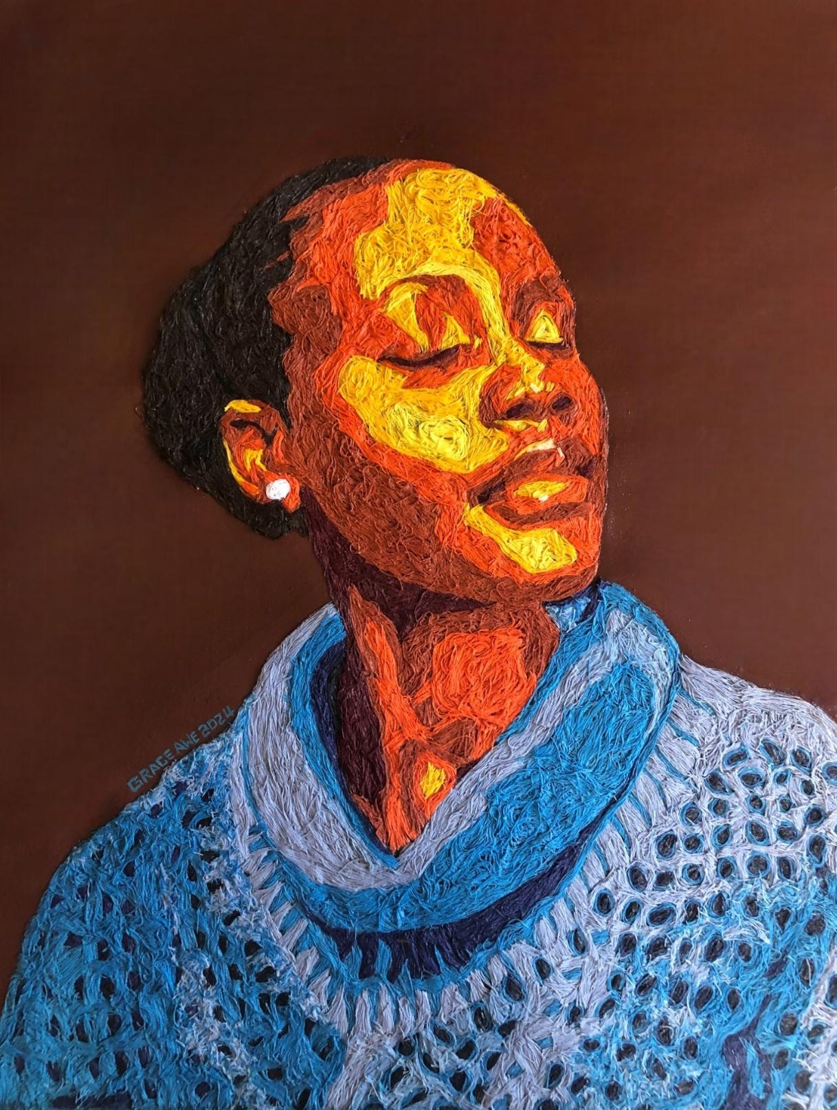 "Le miraron (2)" (2024) de Grace Awe, Hilo y acrílico sobre lienzo