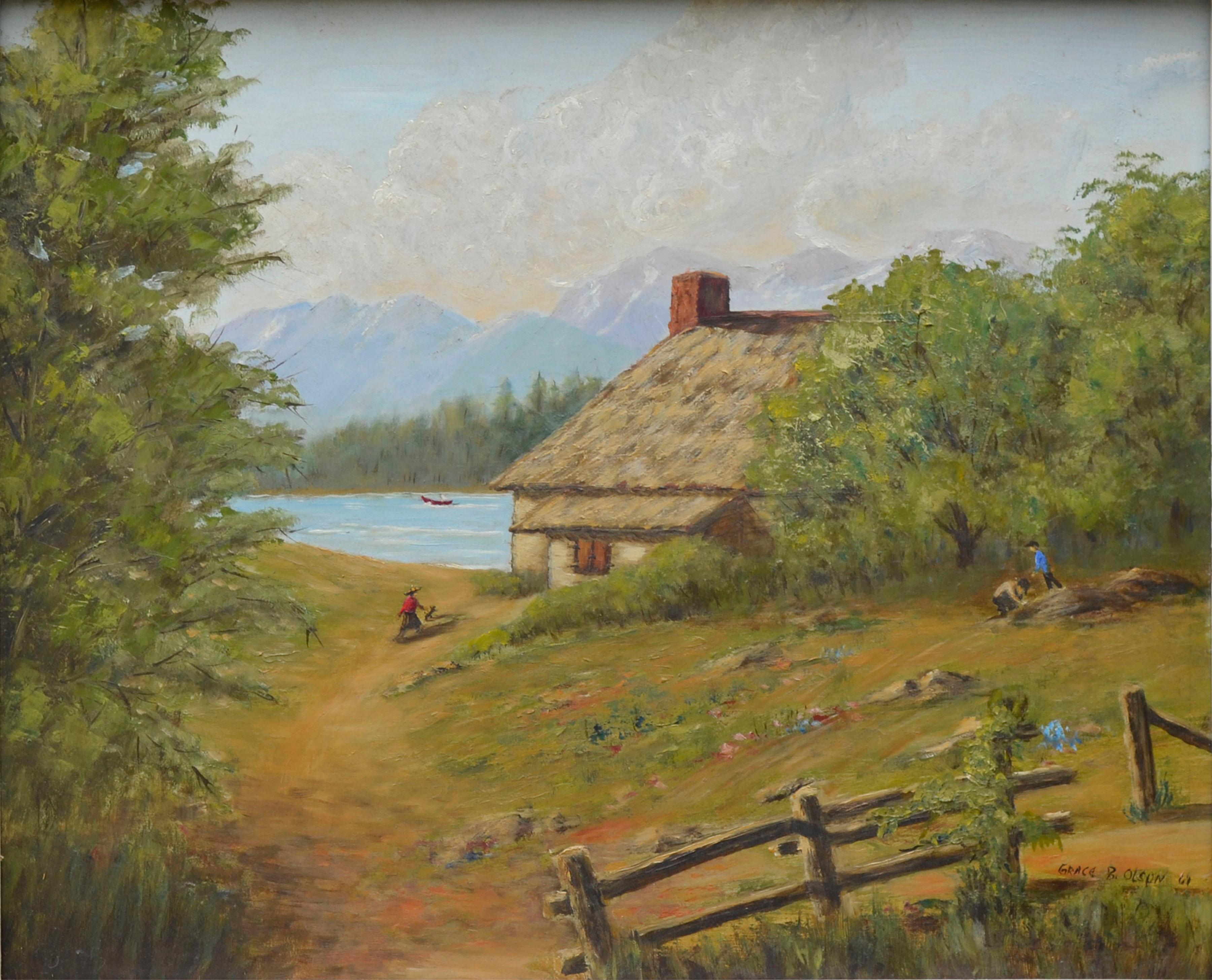 „Sommer am See“ – Figurative Landschaft aus der Mitte des Jahrhunderts – Painting von Grace B. Olson